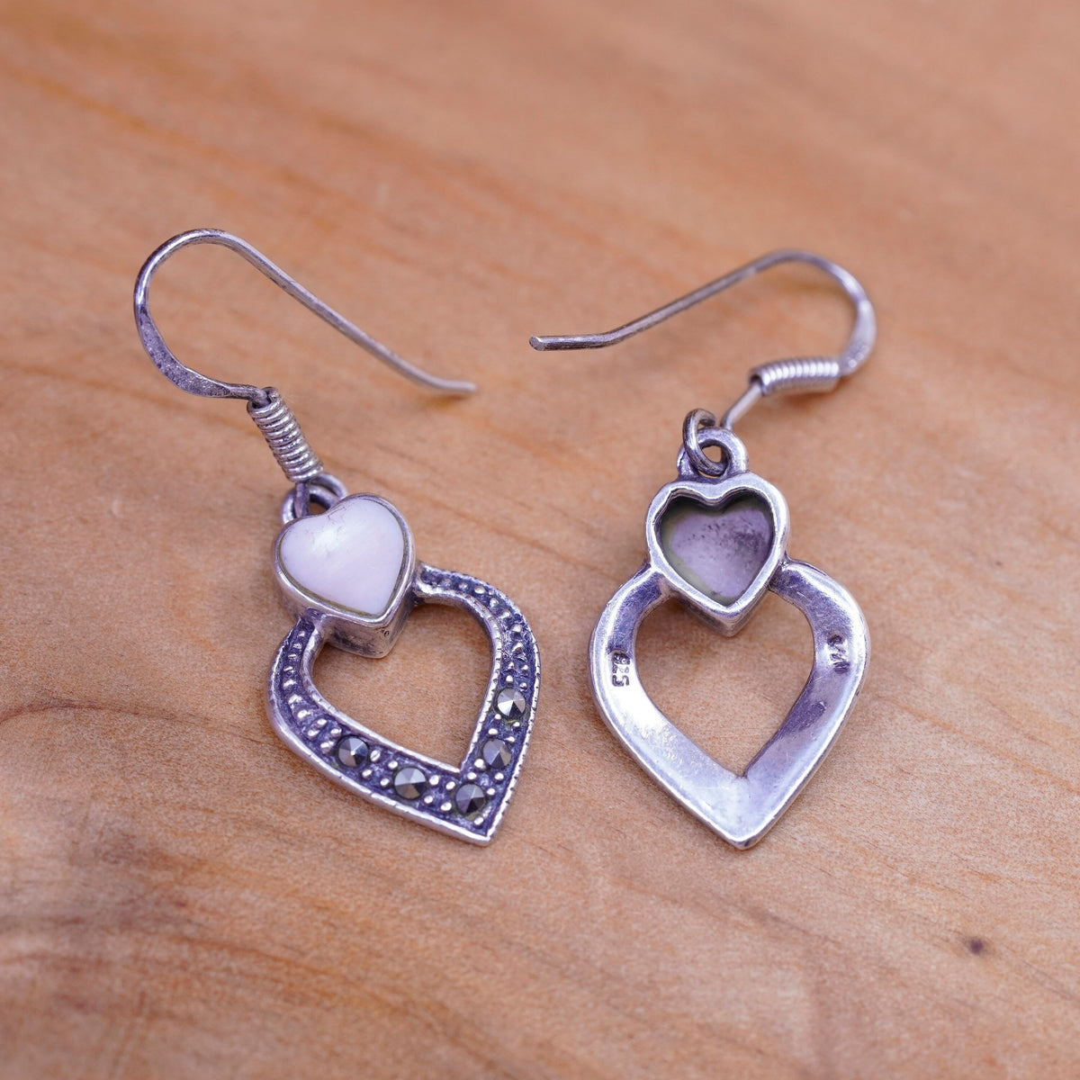 Sterling 925 silver handmade earrings with heart mother of pearl Marcasite