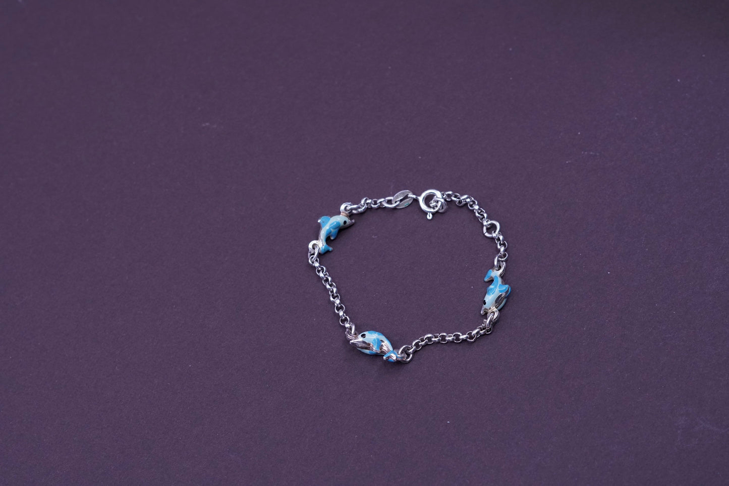 5.5”, sterling 925 silver handmade bracelet, circle chain w/ enamel dolphin