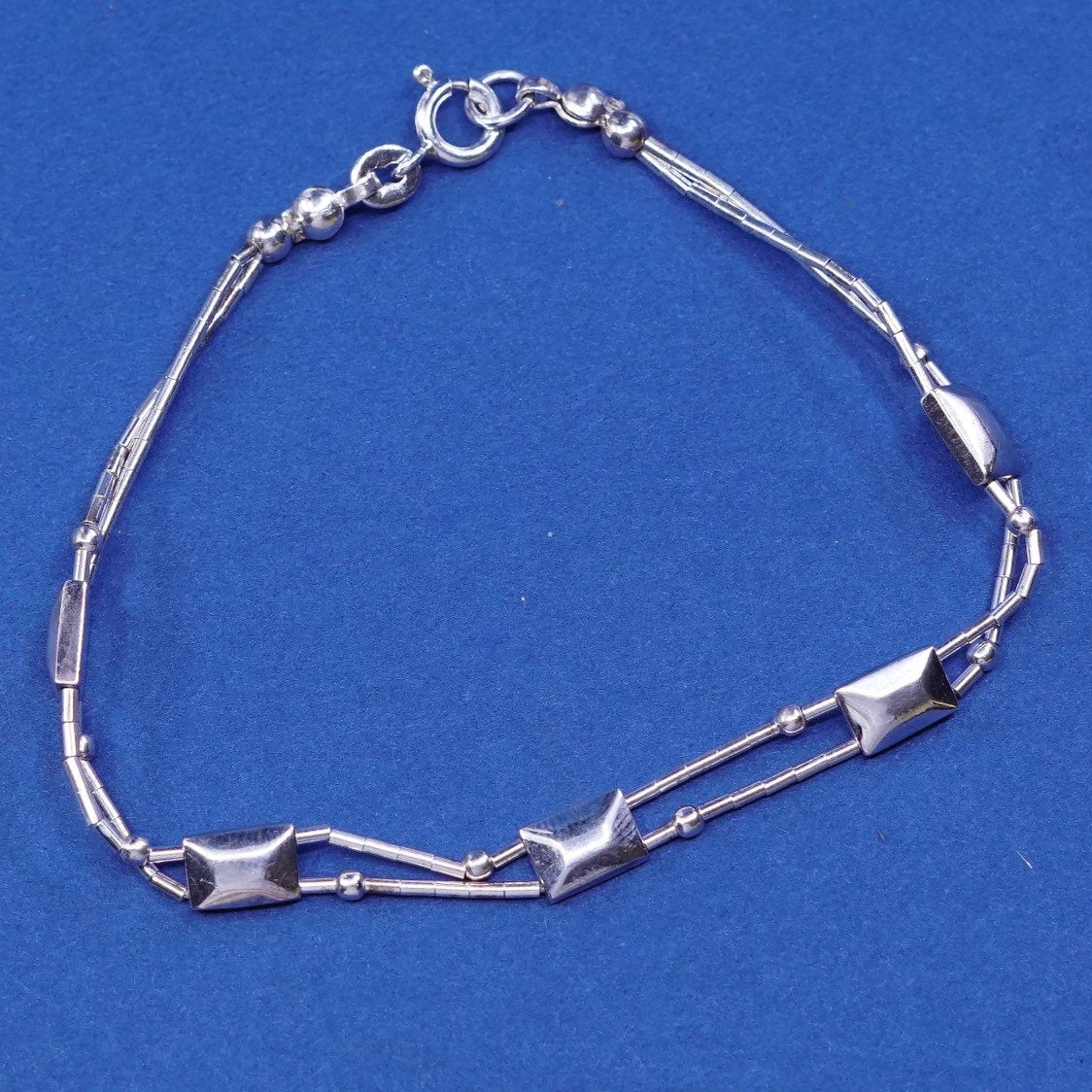 7", vtg sterling handmade bracelet, 925 liquid silver bracelet w/ square