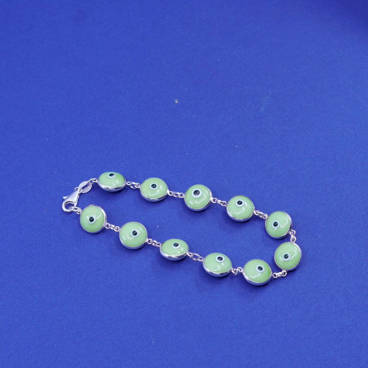 7”, Vintage handmade sterling 925 silver bracelet, green glass evil eye beads