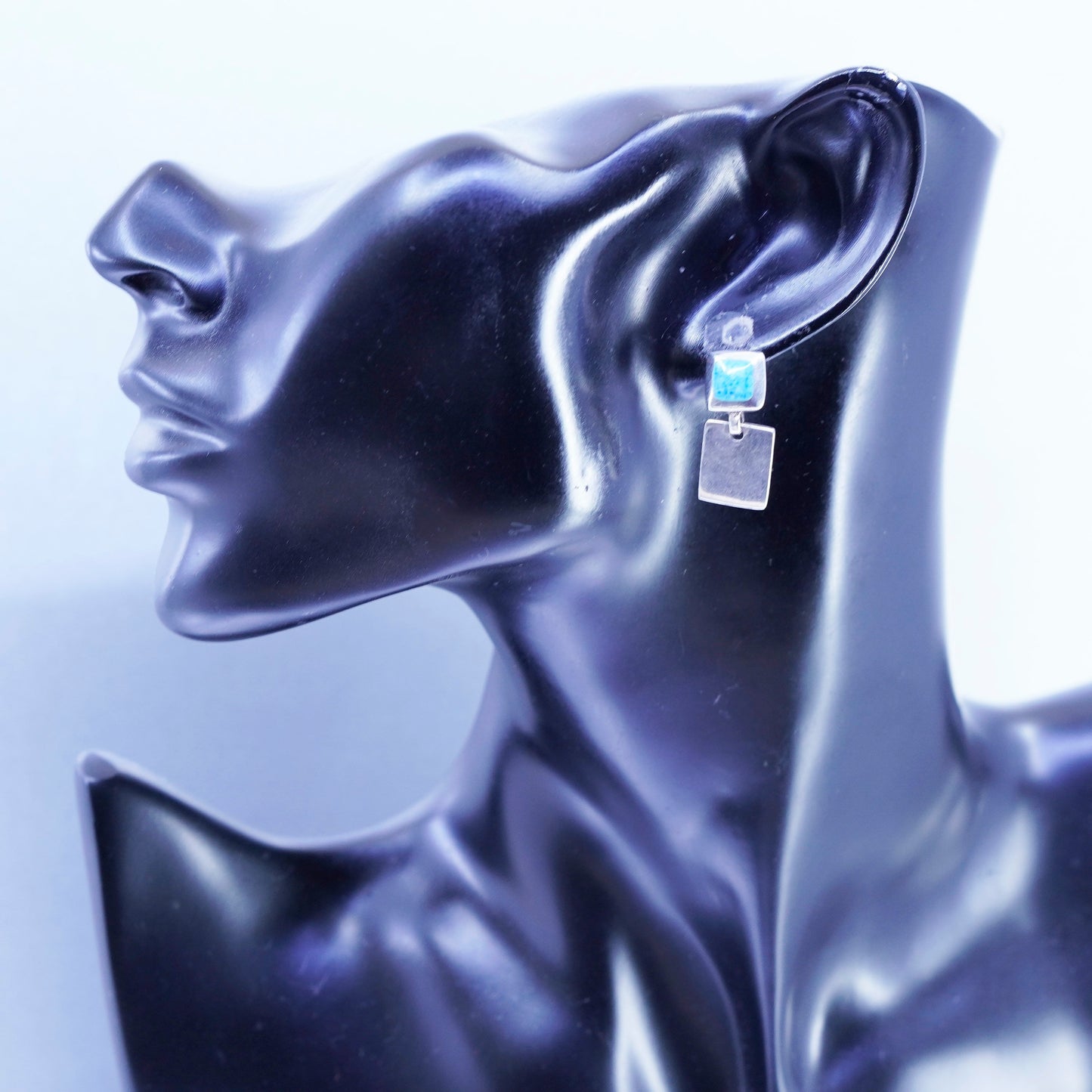 Vintage Sterling 925 silver handmade earrings with square denim lapis lazuli