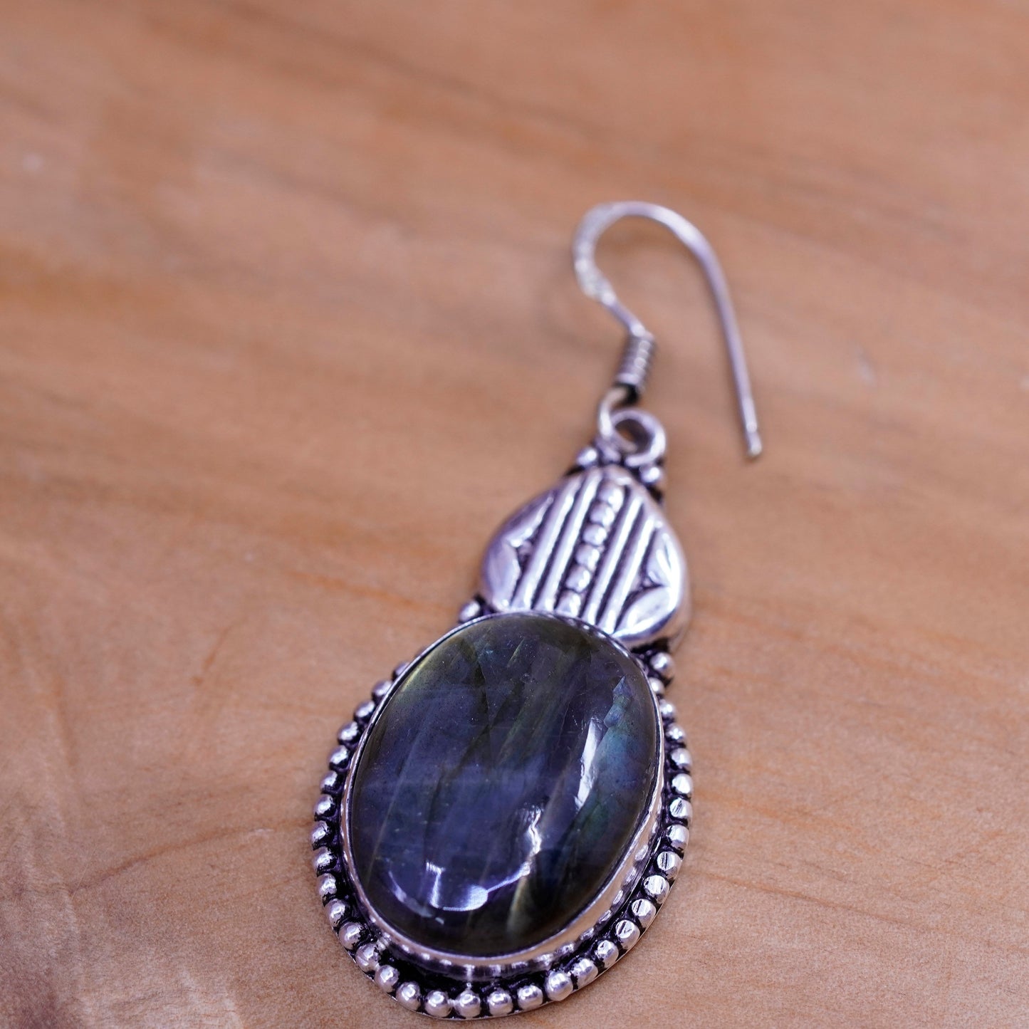 Vintage Sterling 925 silver handmade earrings with oval labradorite and beads