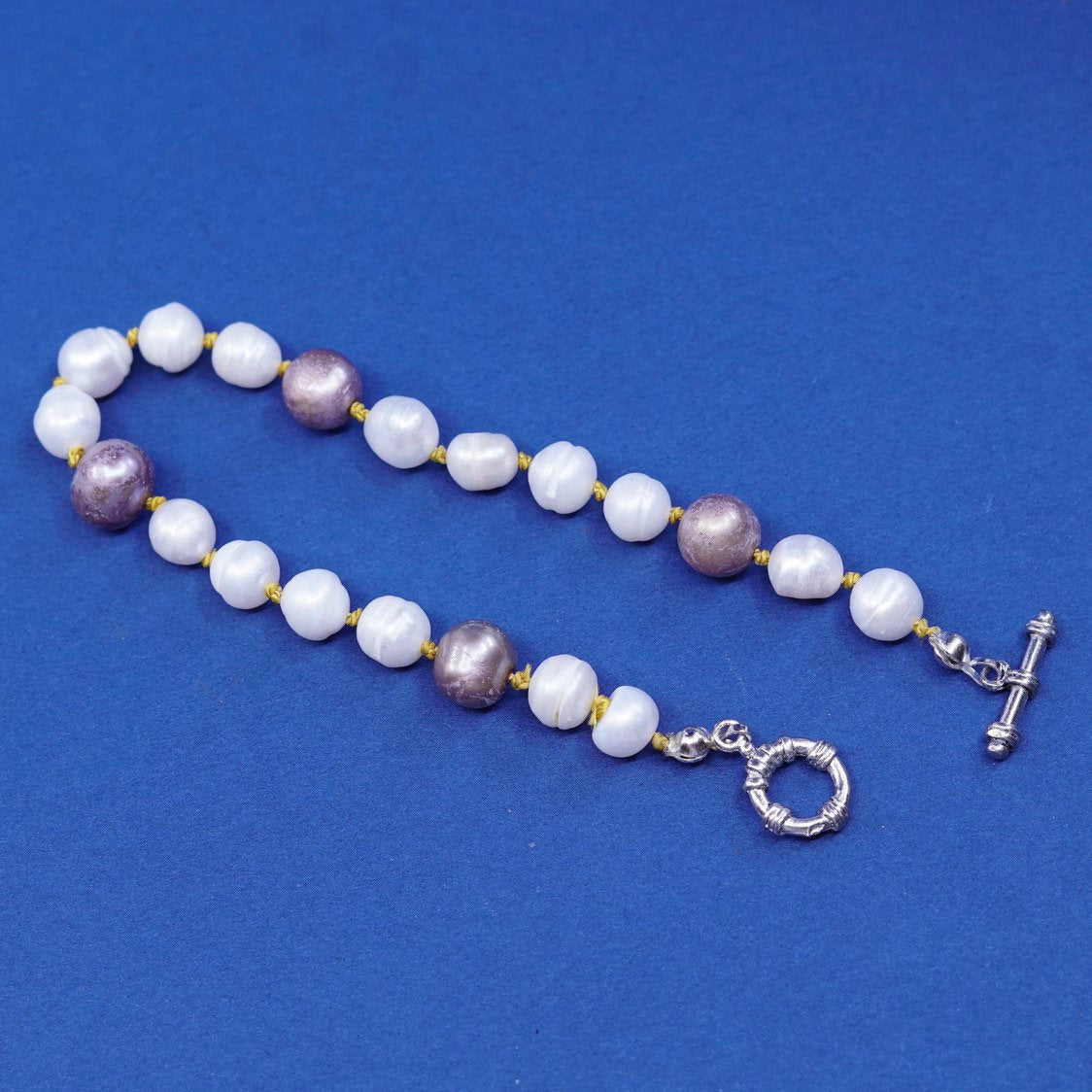 7", vtg sterling silver handmade bracelet, pearl w/ 925 toggle closure