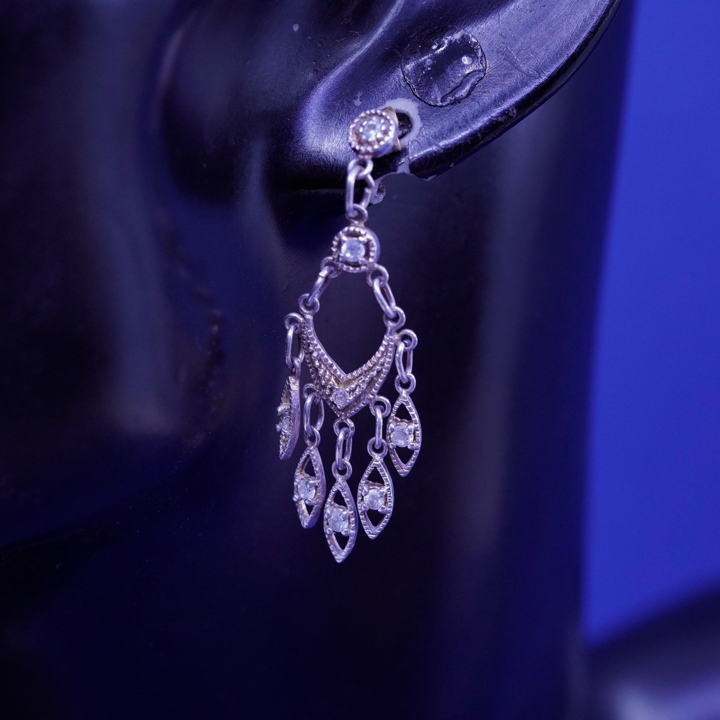 Vintage Sterling silver handmade earrings, filigree 925 teardrop with cz
