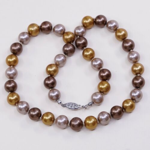 18" 12mm, Vtg handmade Golden Faux Pearl Necklace With Sterling Silver Clasp
