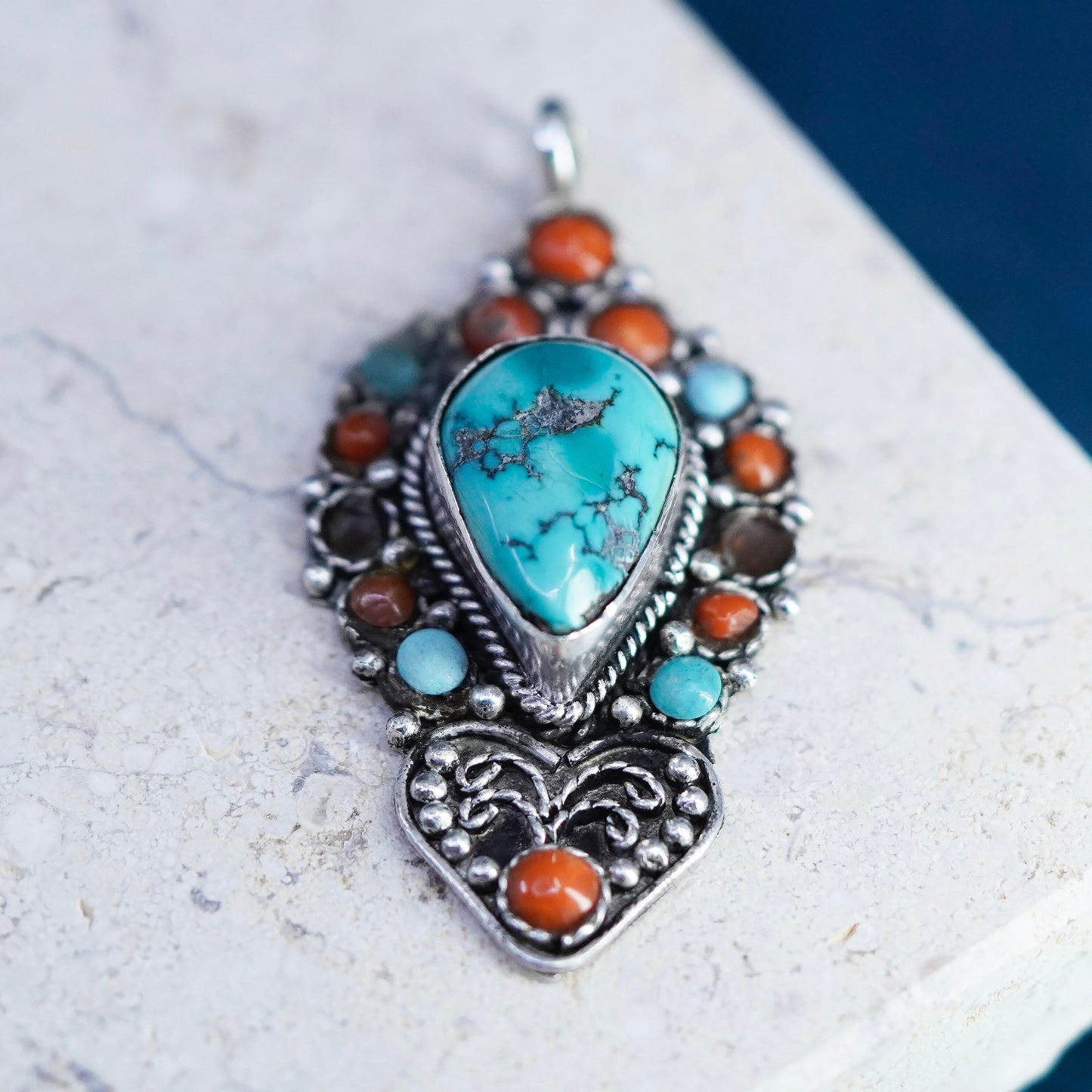 Native American sterling silver 925 handmade pendant with turquoise coral beads