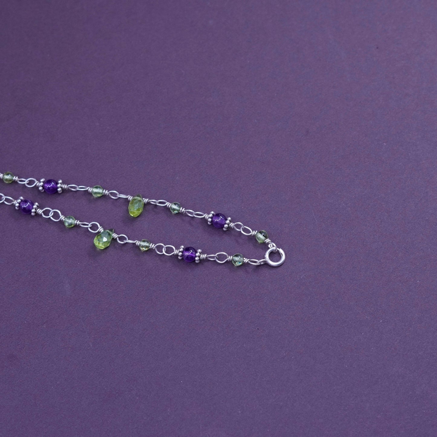 16”, Sterling silver Handmade necklace 925 circle chain peridot amethyst nugget