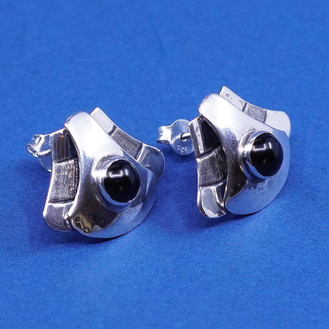 modern SM sterling silver handmade earrings, mexico 925 studs w/ obsidian