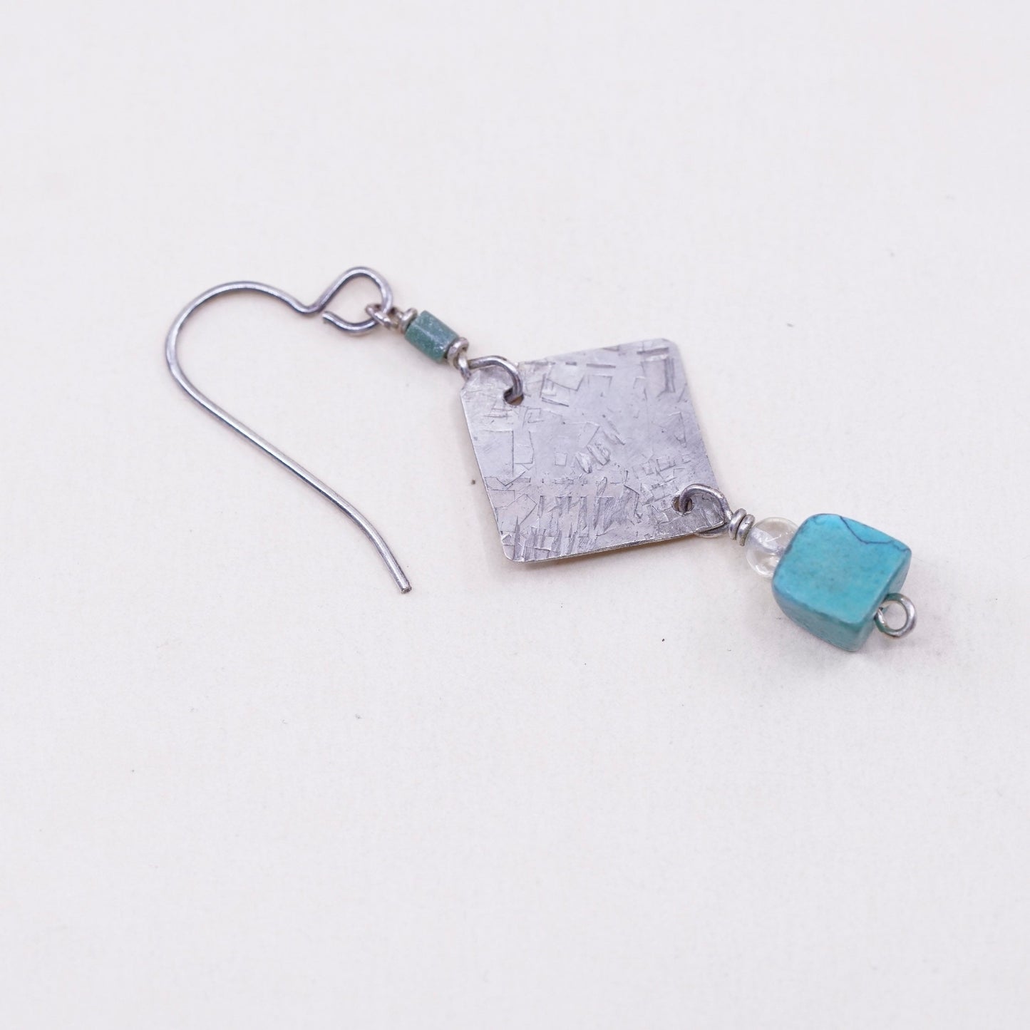Vintage Sterling 925 silver handmade tag earrings, with cube turquoise