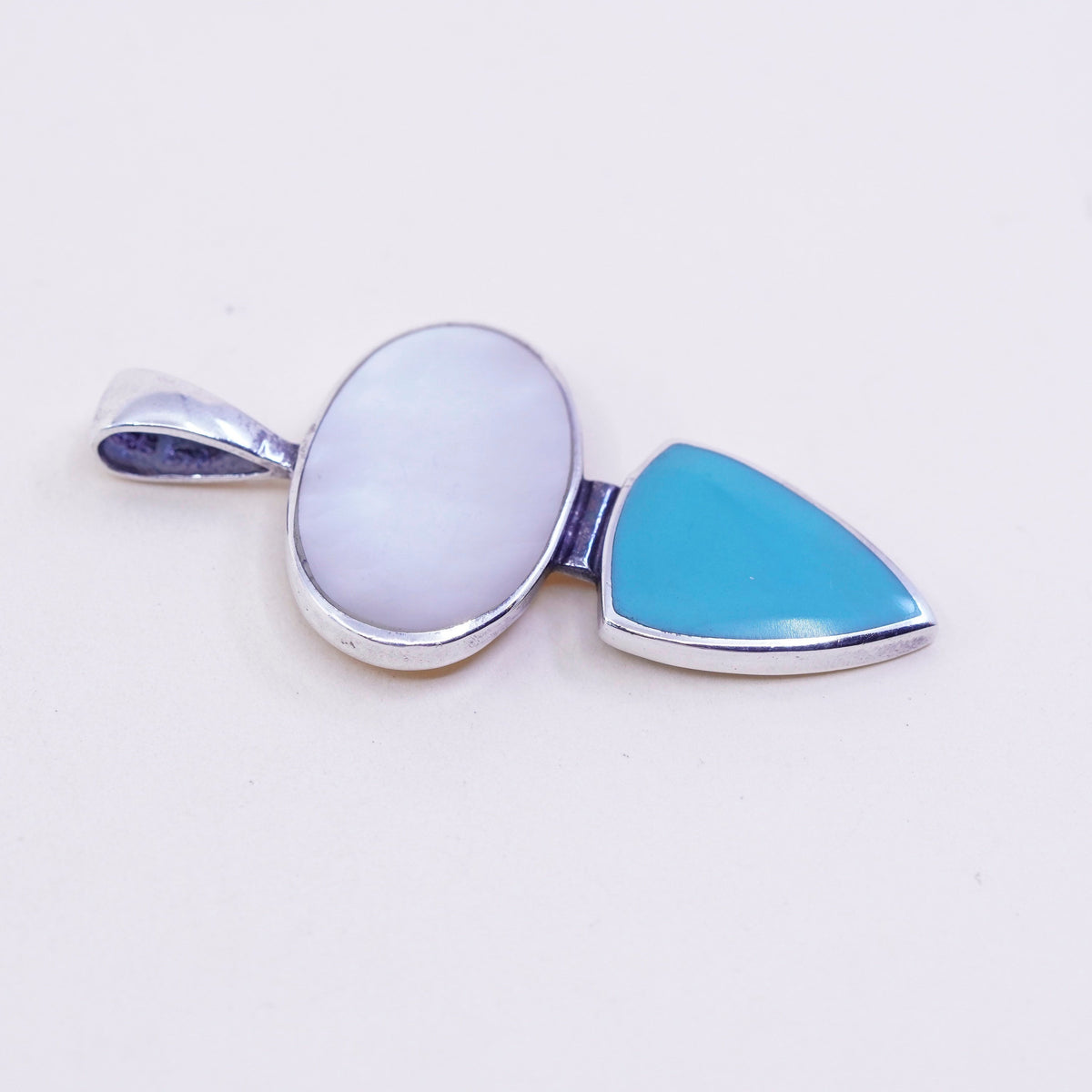 Vintage sterling 925 silver handmade pendant with mother of pearl and turquoise