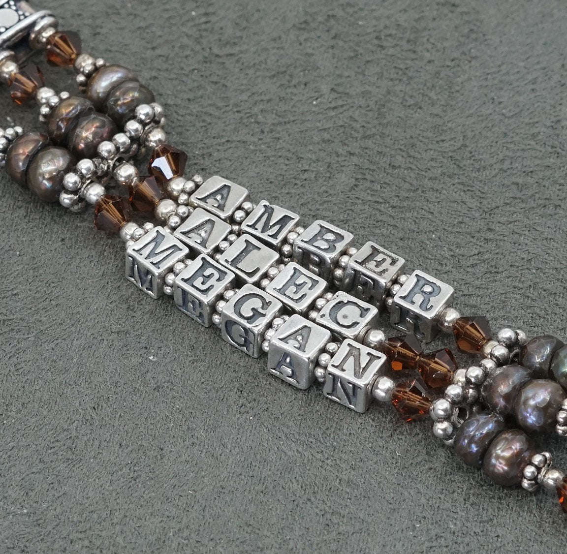 6.75", VTG Sterling silver handmade bracelet w/ crystal beads amber Alec, Megan