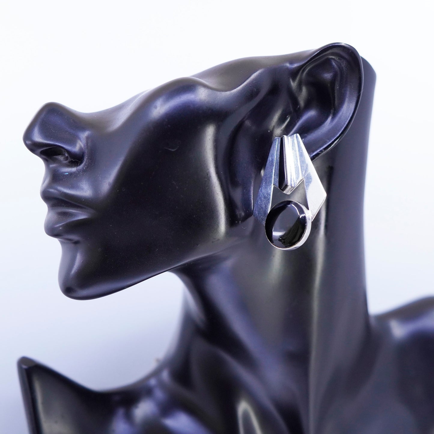 Vintage Mexico Sterling 925 silver handmade earrings, modern obsidian studs
