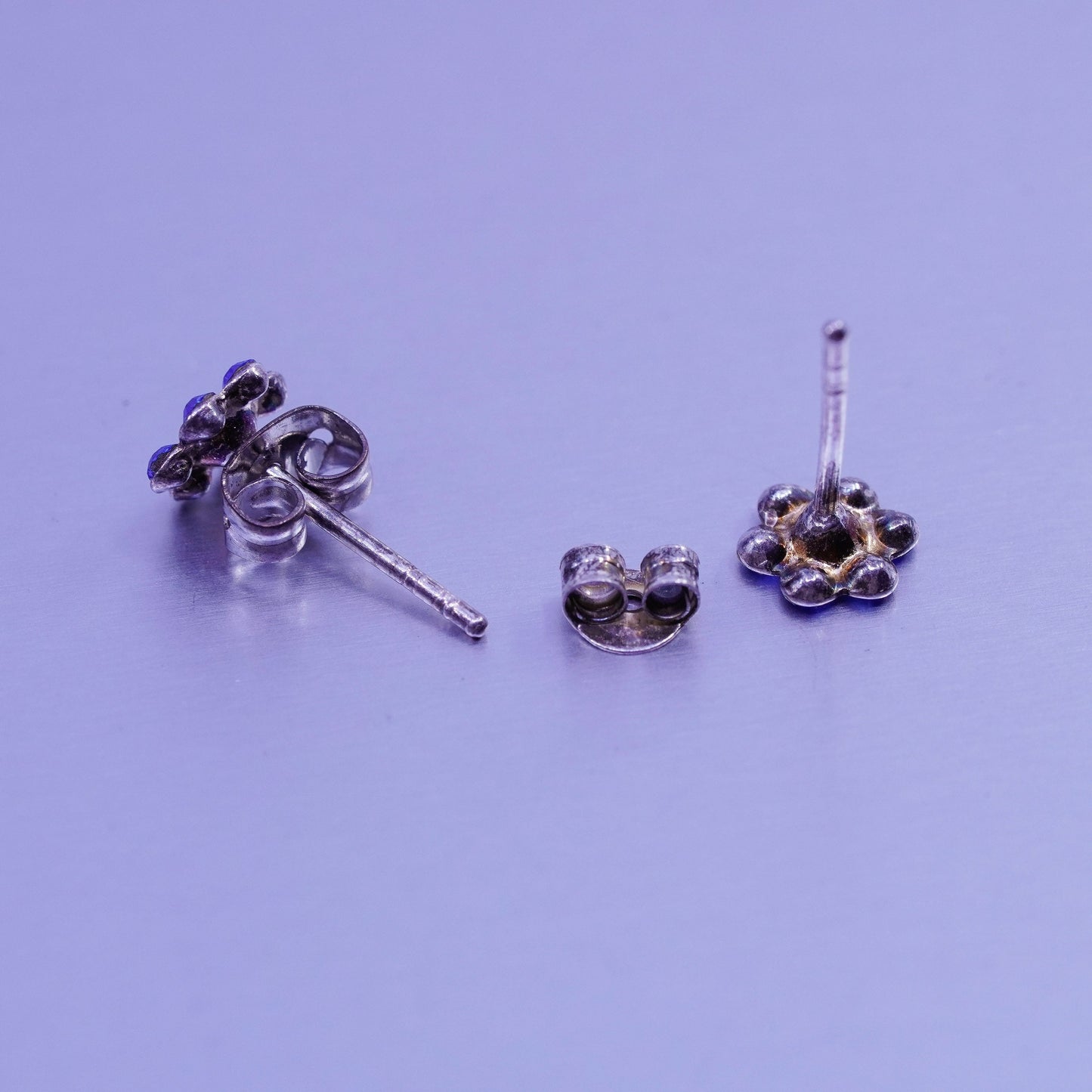 Vintage Sterling 925 silver earrings, flower studs with blue cz inlay