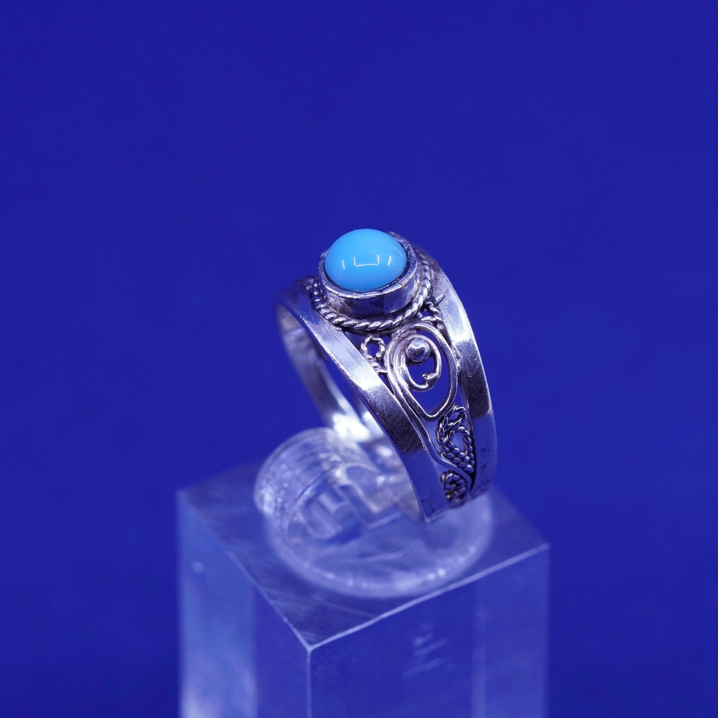 Size 7, vintage sterling silver handmade ring, 925 filigree band with blue onyx