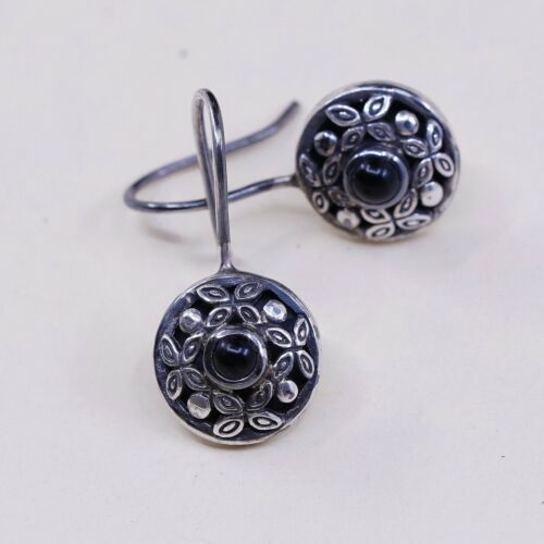 Vtg ATI Sterling Silver Handmade Earrings, 925 Circle W/ Obsidian N Bali