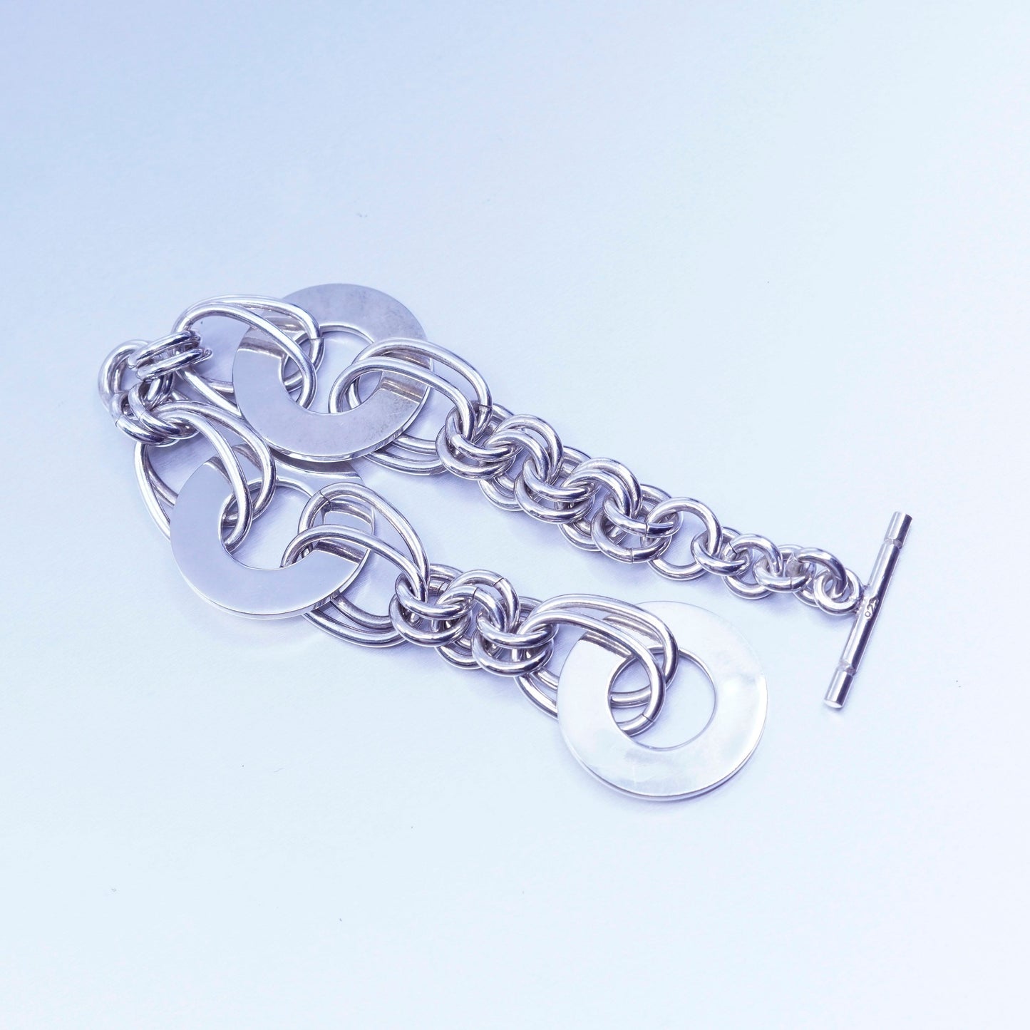 6.75”, Vintage Sterling 925 silver handmade bracelet, double oval chain disc