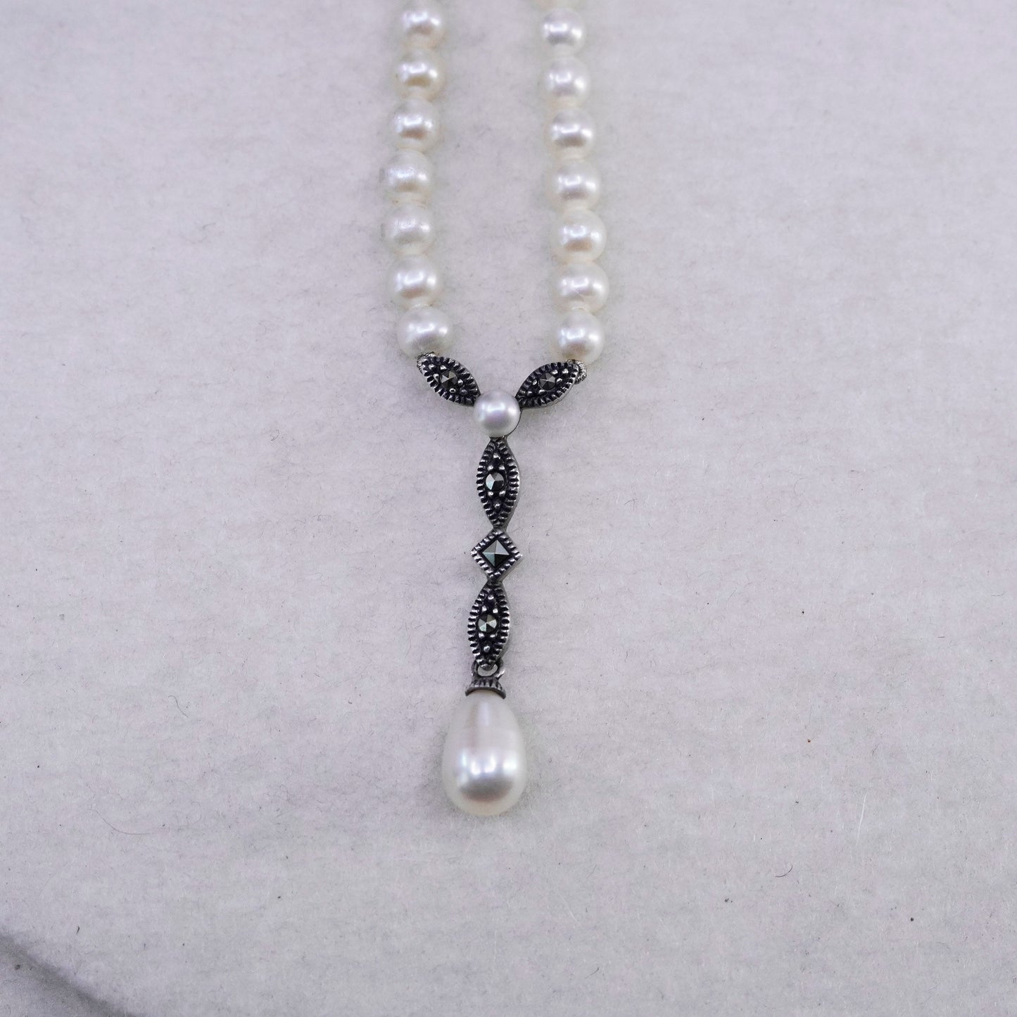 16”, Judith Jack Sterling 925 silver pearl chain tennis necklace Marcasite