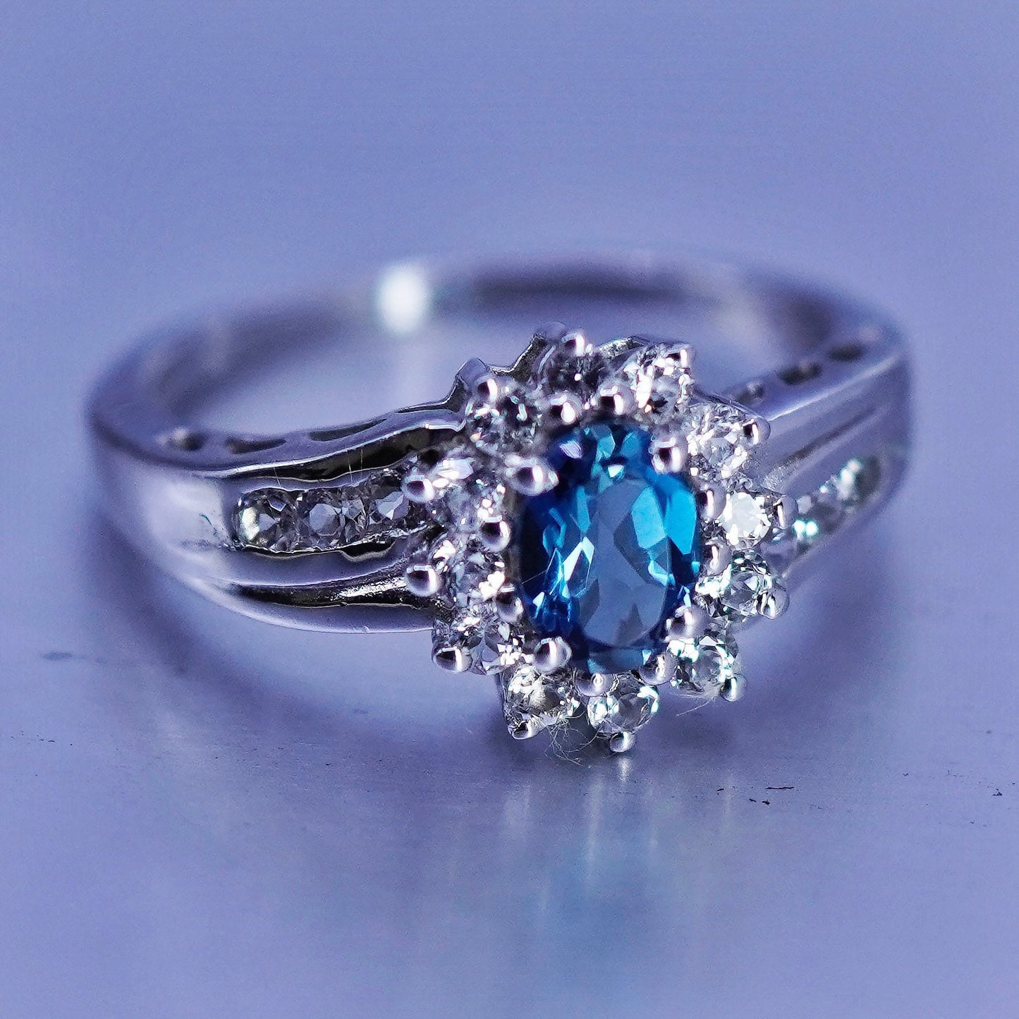 Size 8.25, vintage Sterling 925 silver handmade ring with topaz and cz around