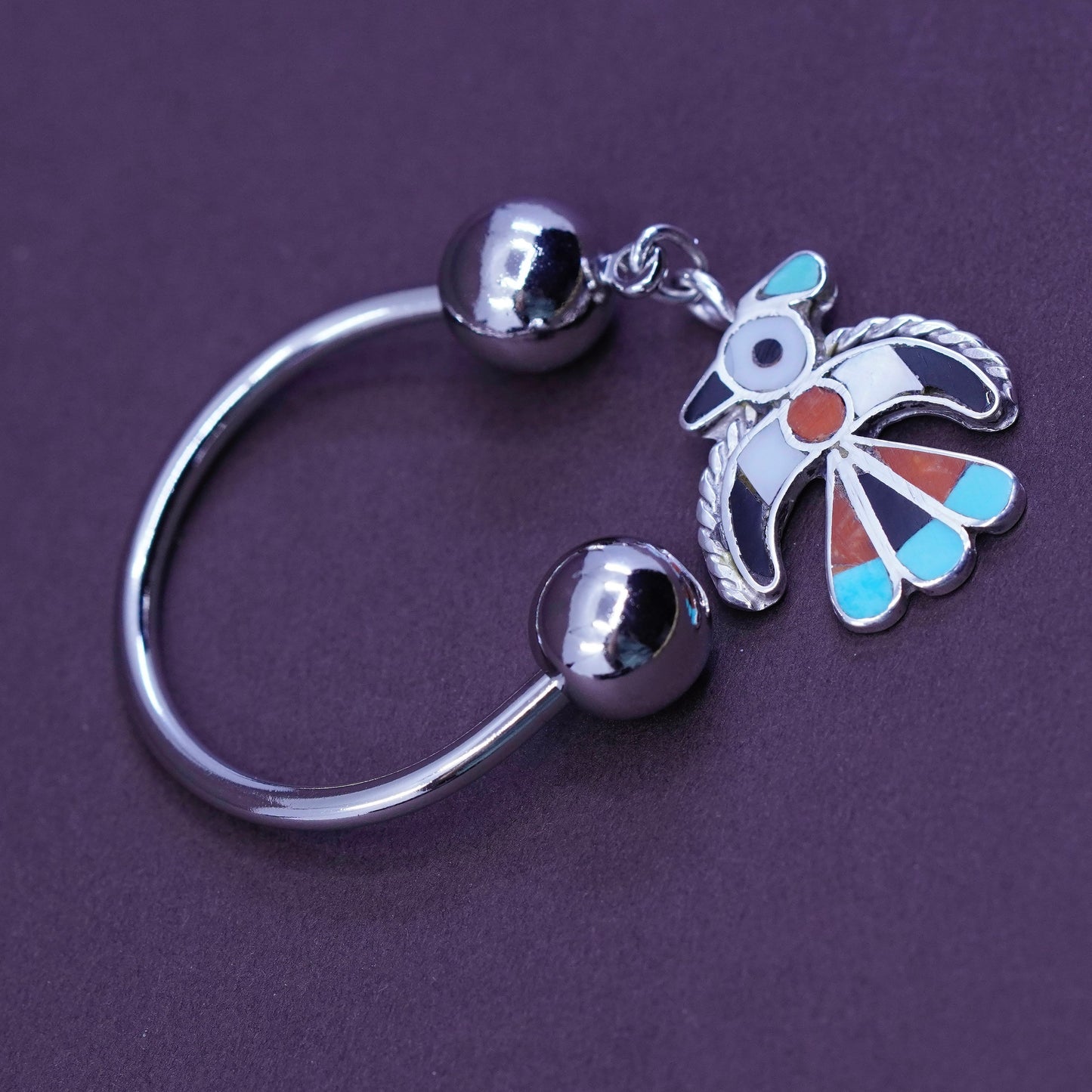 key ring w/ Native American Sterling 925 silver thunder bird charm N turquoise