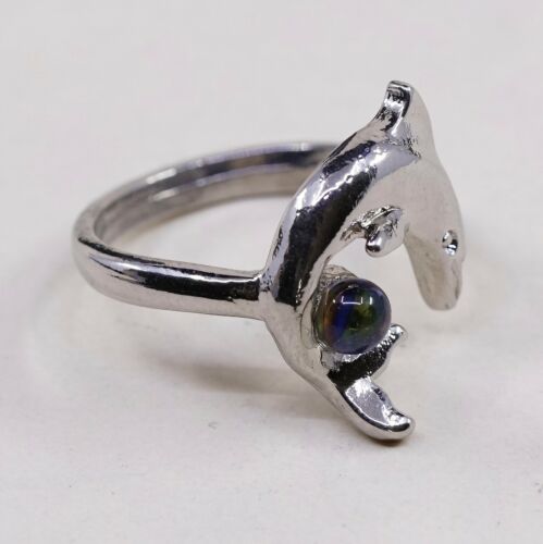 Sz 7, Vtg Silver Tone Dolphin Ring With Colorful Glass Bead