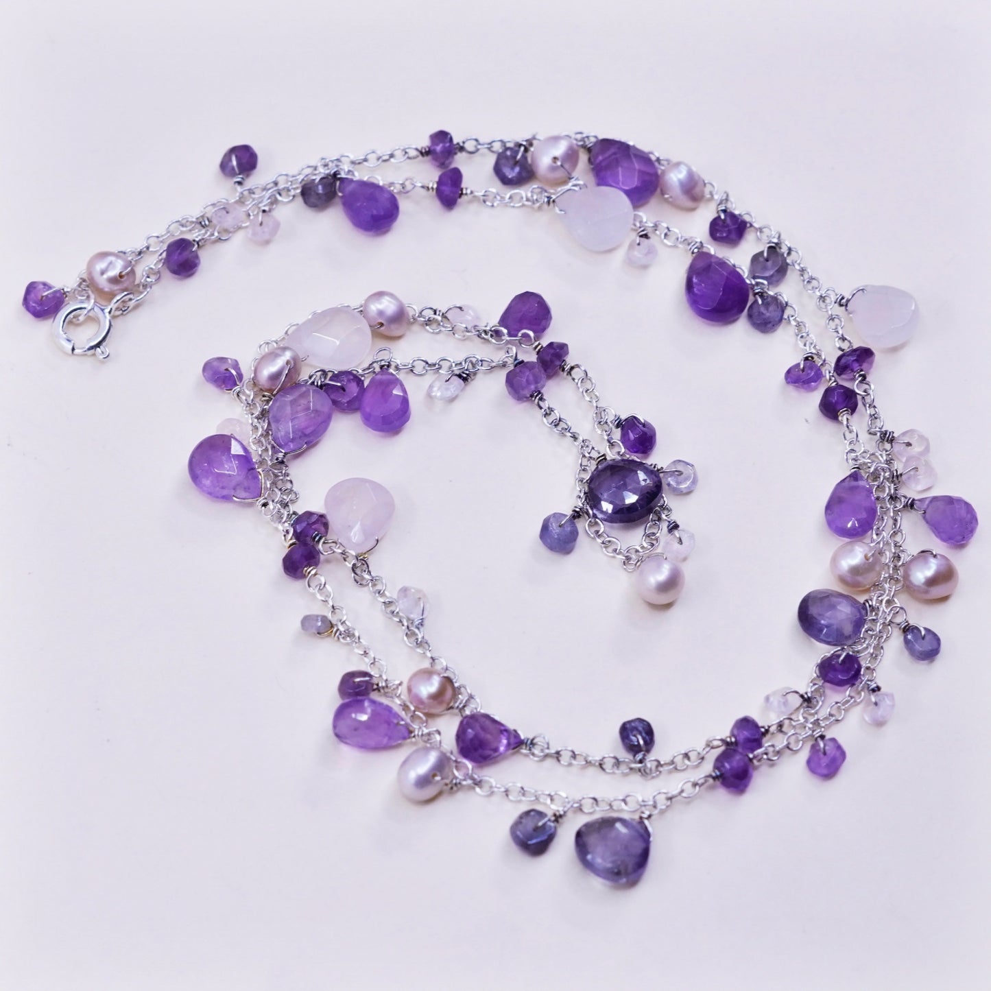 23”, Sterling silver handmade necklace, 925 circle chain amethyst quartz beads