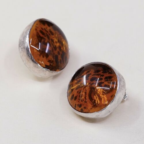 Vtg Sterling Silver Handmade Amber earrings, 925 silver Studs W/ Leopard Inlay