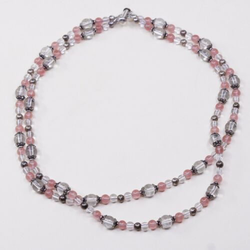 18”, Vtg Double Strands 925 Sterling Silver Pink Rose Quartz W/ Crystal Beads