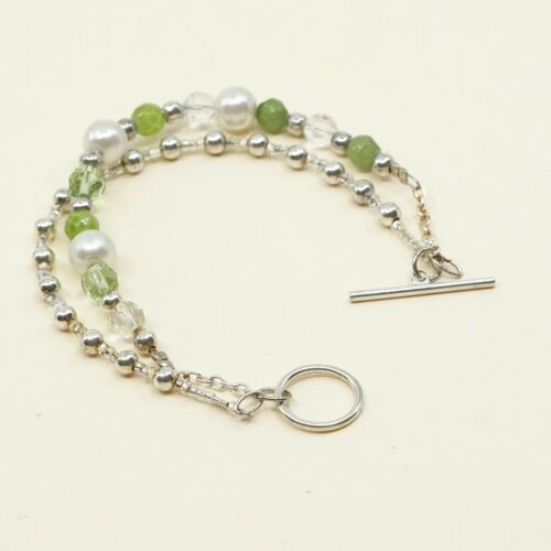 6.25”, Vtg Sterling 925 Silver Handmade Bead Bracelet W/ Pearl N Green Crustal