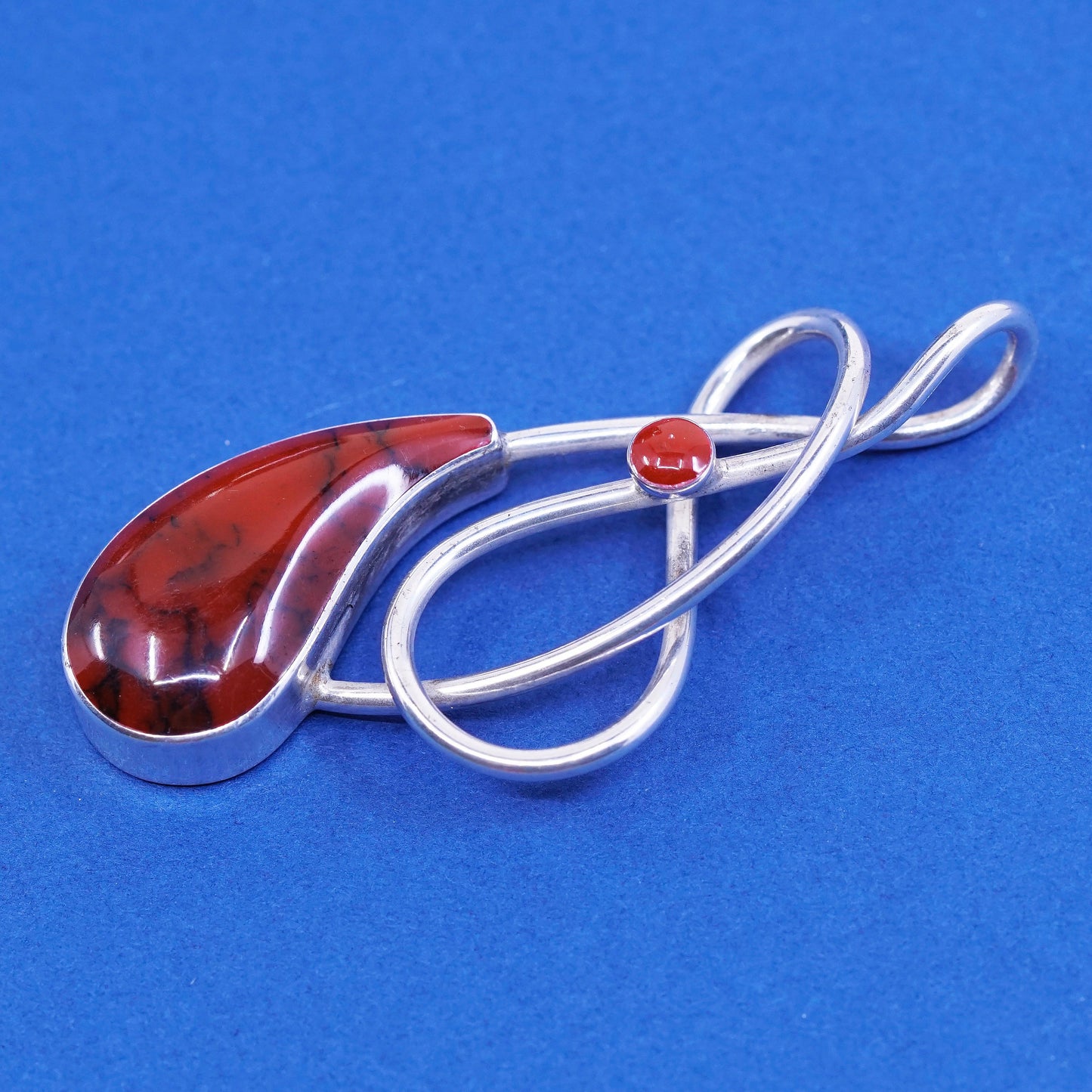 vtg mexico sterling silver handmade pendant, 950 w/ teardrop red bloodstone
