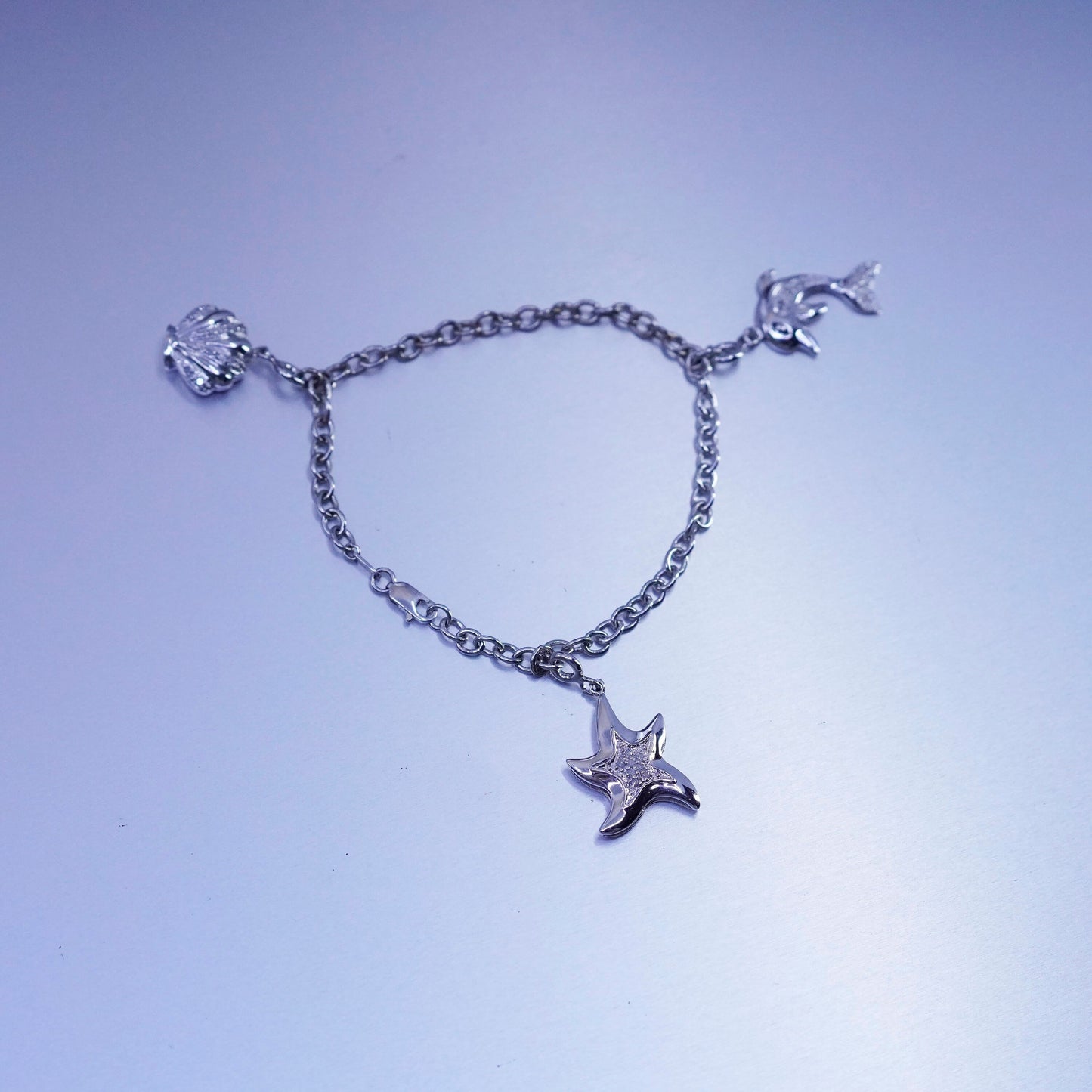 7”, Sterling 925 silver bracelet, circle chain starfish shell dolphin charms