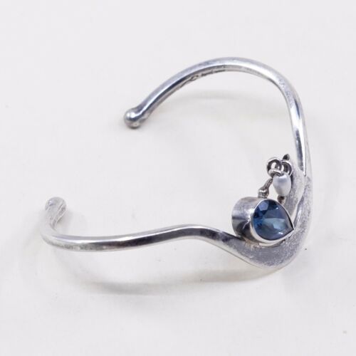 6”, Vtg Sam Sonly sterling 925 Silver cuff Bracelet W/ Pearl N Teardrop Topaz