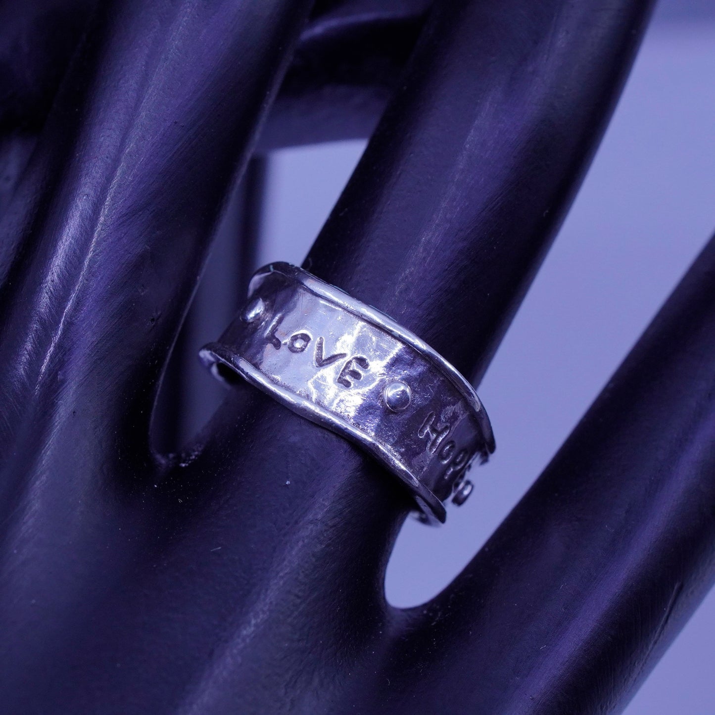 Size 7, southwestern Sterling 925 silver ring, textured band “joy love hope