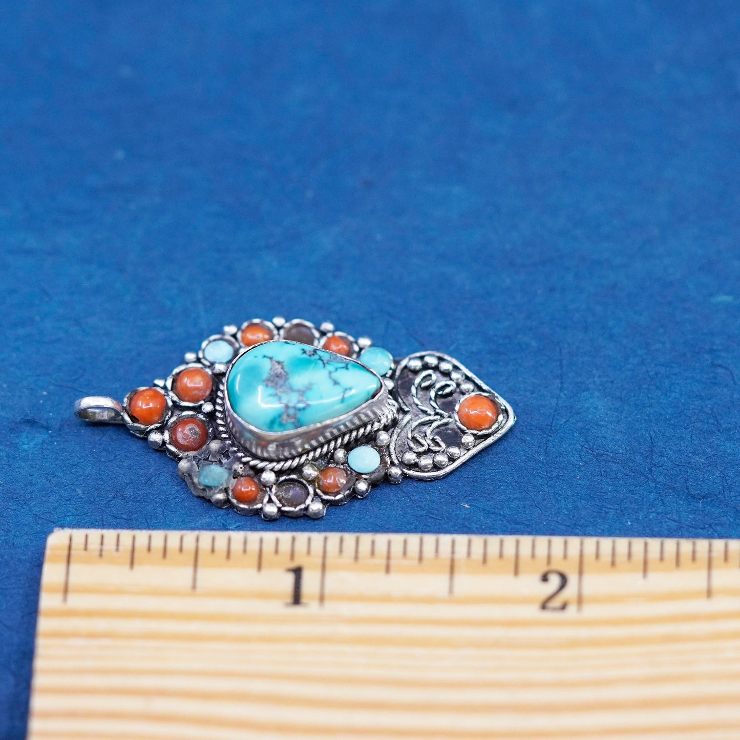 Native American sterling silver 925 handmade pendant with turquoise coral beads