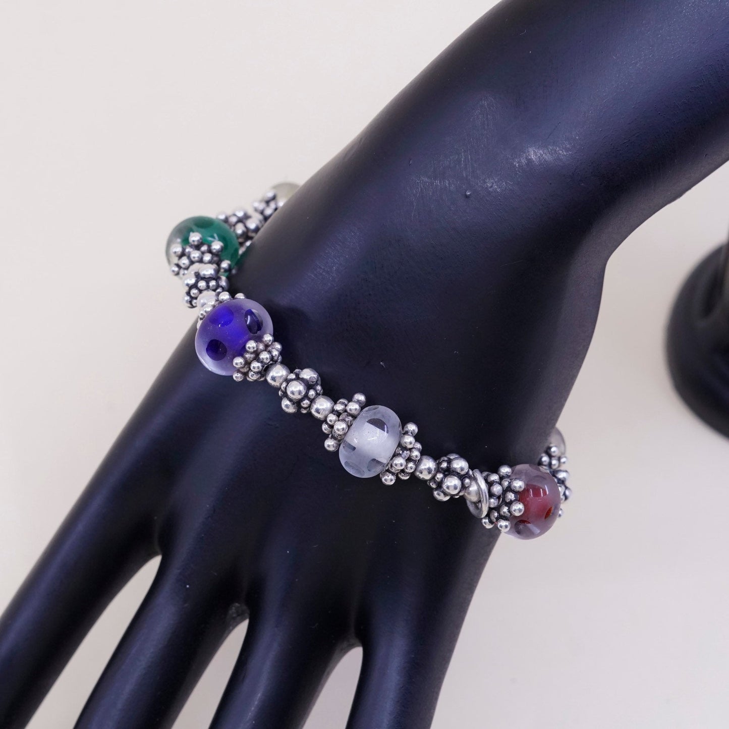 7”, vtg MB Sterling 925 Silver Lampwork Art Glass Bead Toggle Bracelet B0871