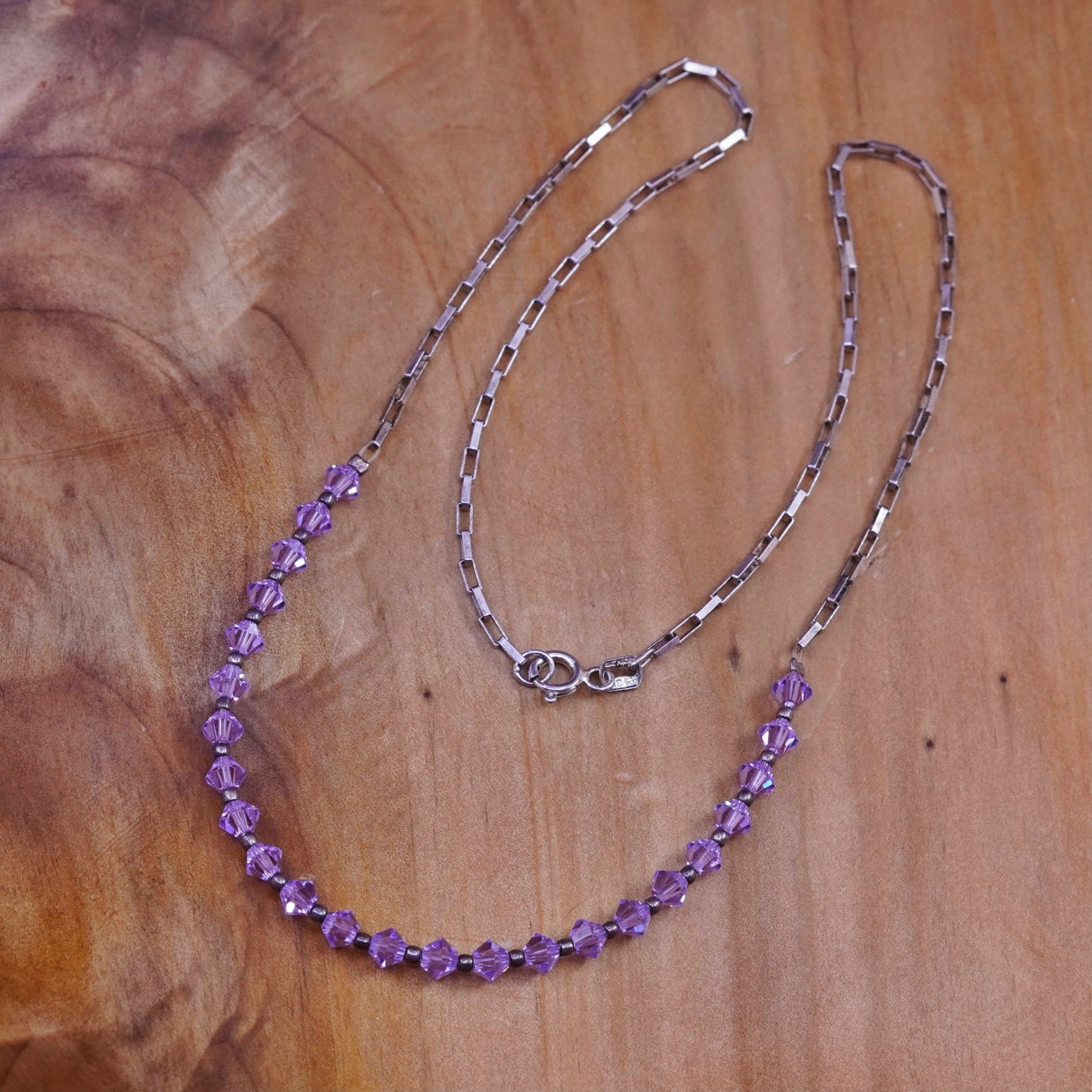 16”, Sterling silver Handmade necklace, elongated 925 chain with amethyst beads
