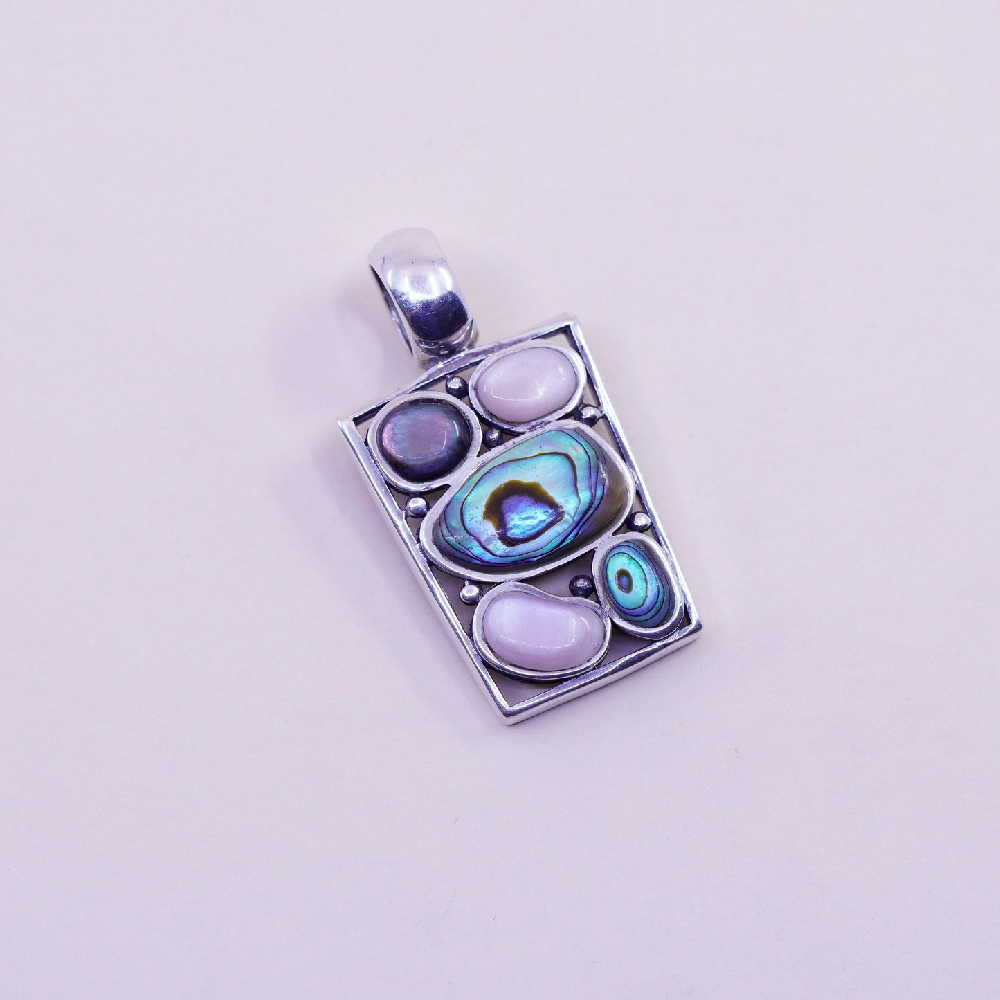 Vintage sterling 925 silver handmade pendant, with abalone pink mother of pearl