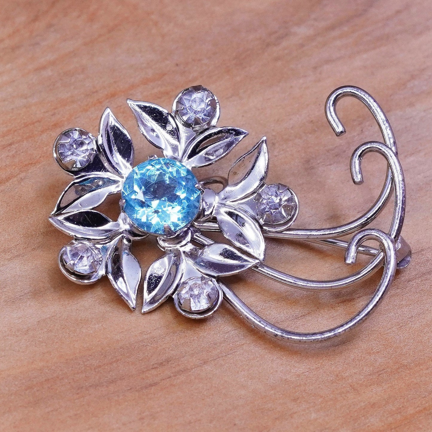 Vintage Art Deco handmade sterling 925 silver flower brooch with blue Crystal