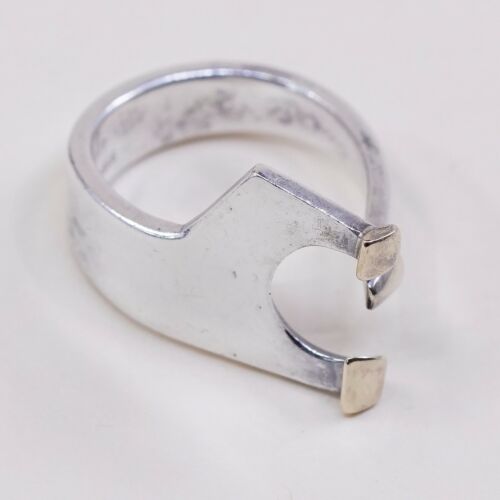 Sz 4.5, Vtg Native American Modern Sterling Silver Handmade Ring, 925 W/ 14K Tip