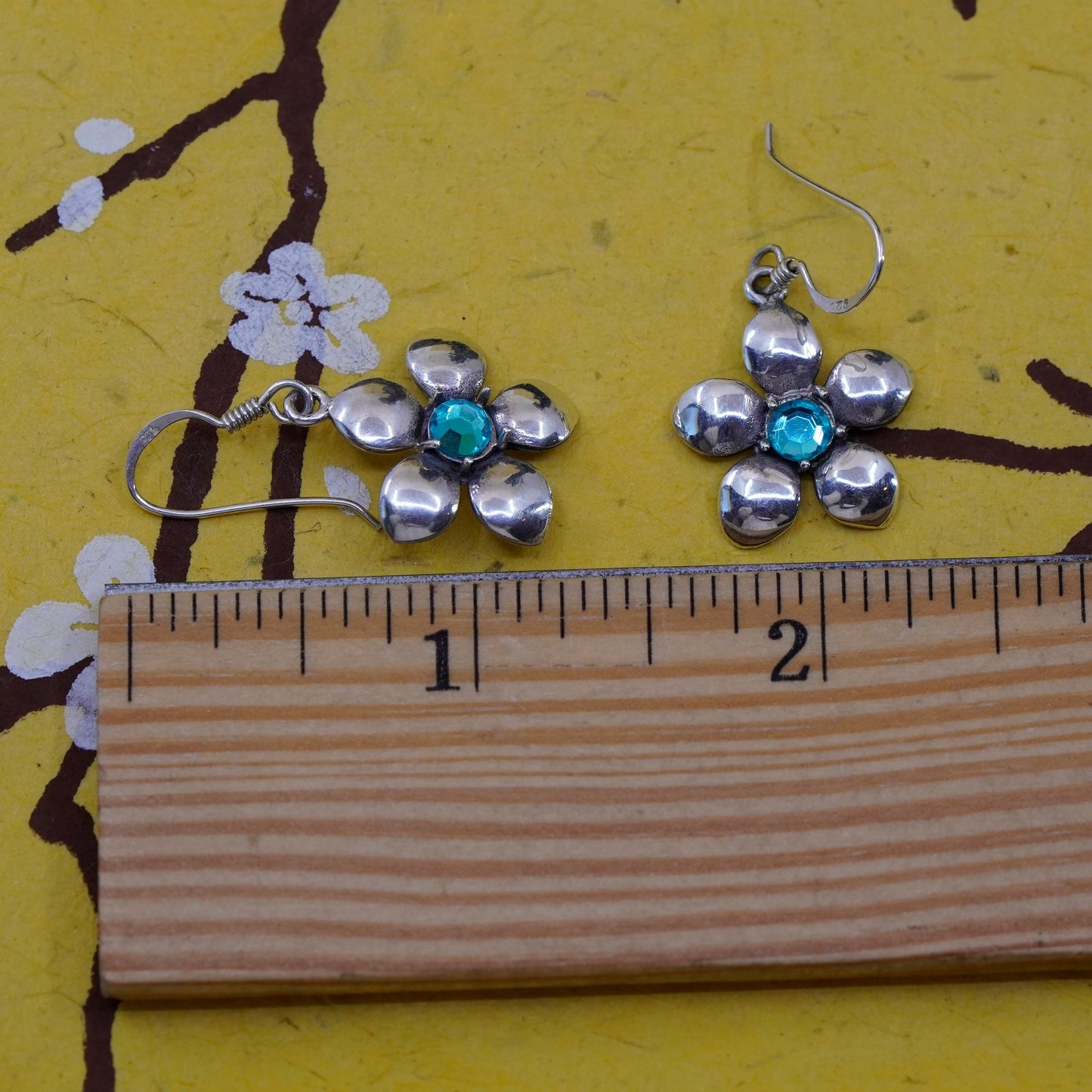Vintage Sterling silver handmade earrings, 925 plumeria flower blue crystal