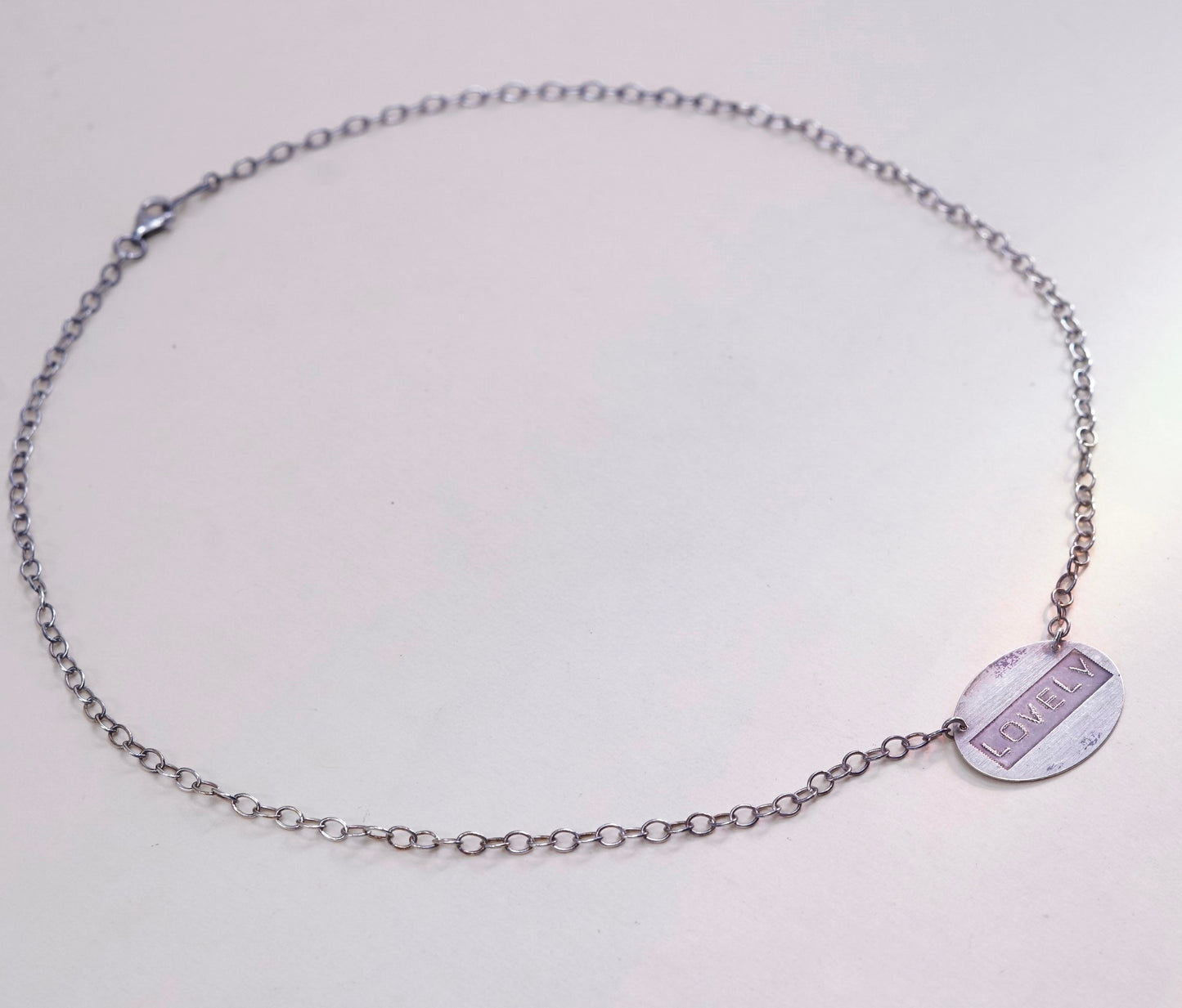 16”, vintage sterling silver handmade necklace, circle tag “lovely” pendant