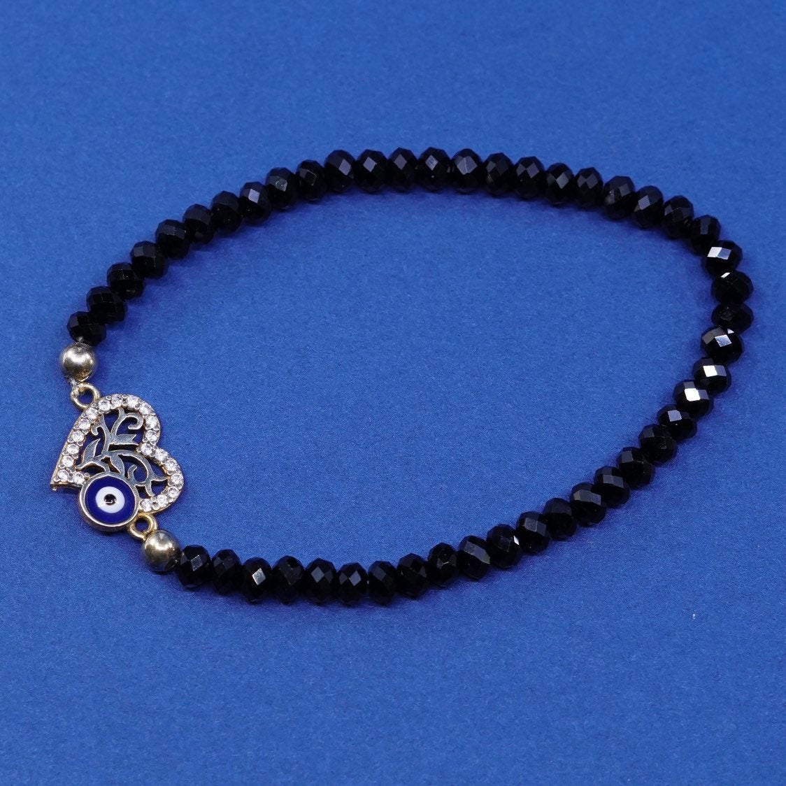 6.5" gold over Sterling silver bracelet, 925 heart w/ obsidian beads N evil eye