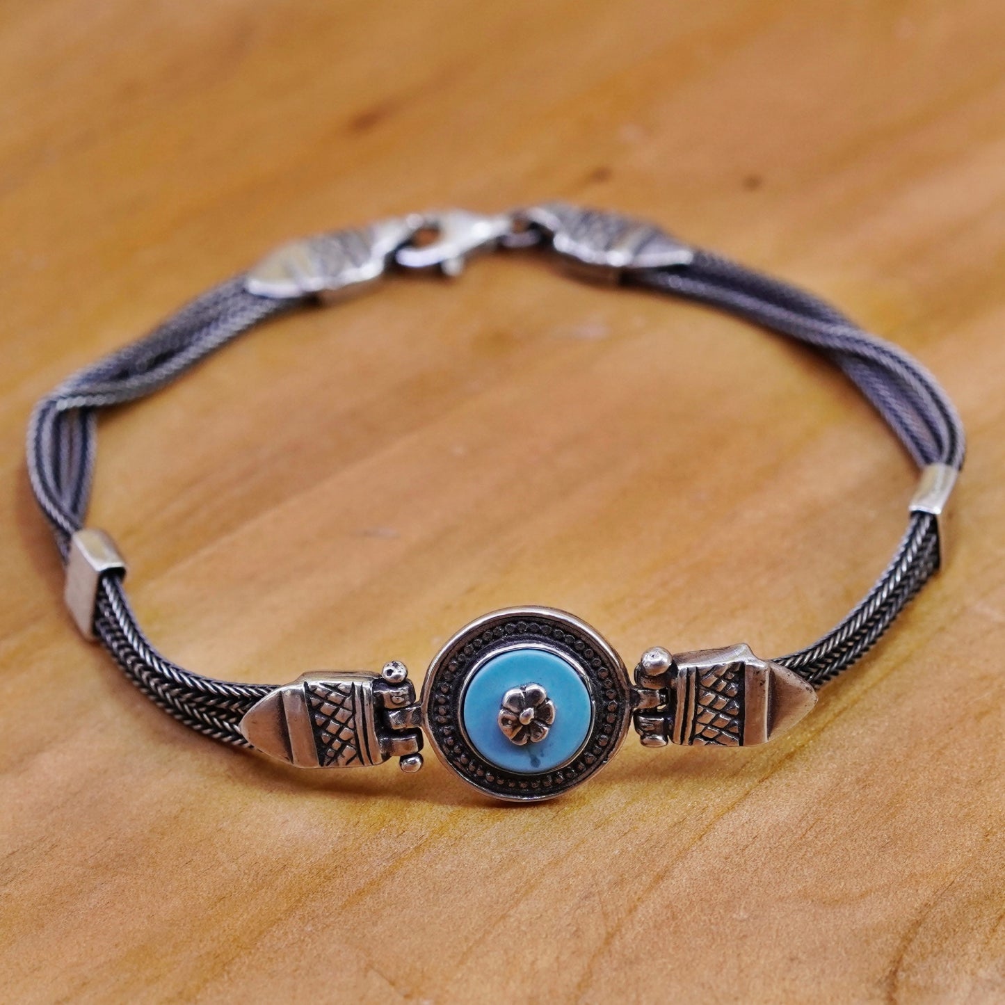 7”, Israel Sterling silver bracelet, multi strands 925 wheat chain turquoise