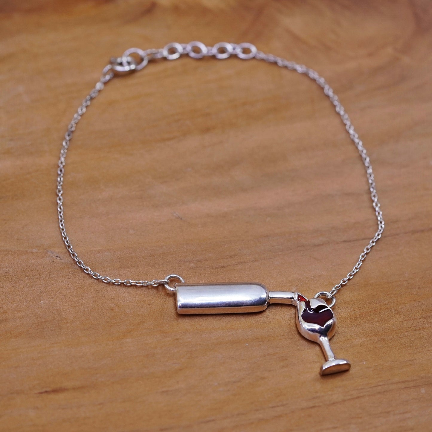 8”, sterling 925 silver handmade bracelet, circle chain with wine glass bottle