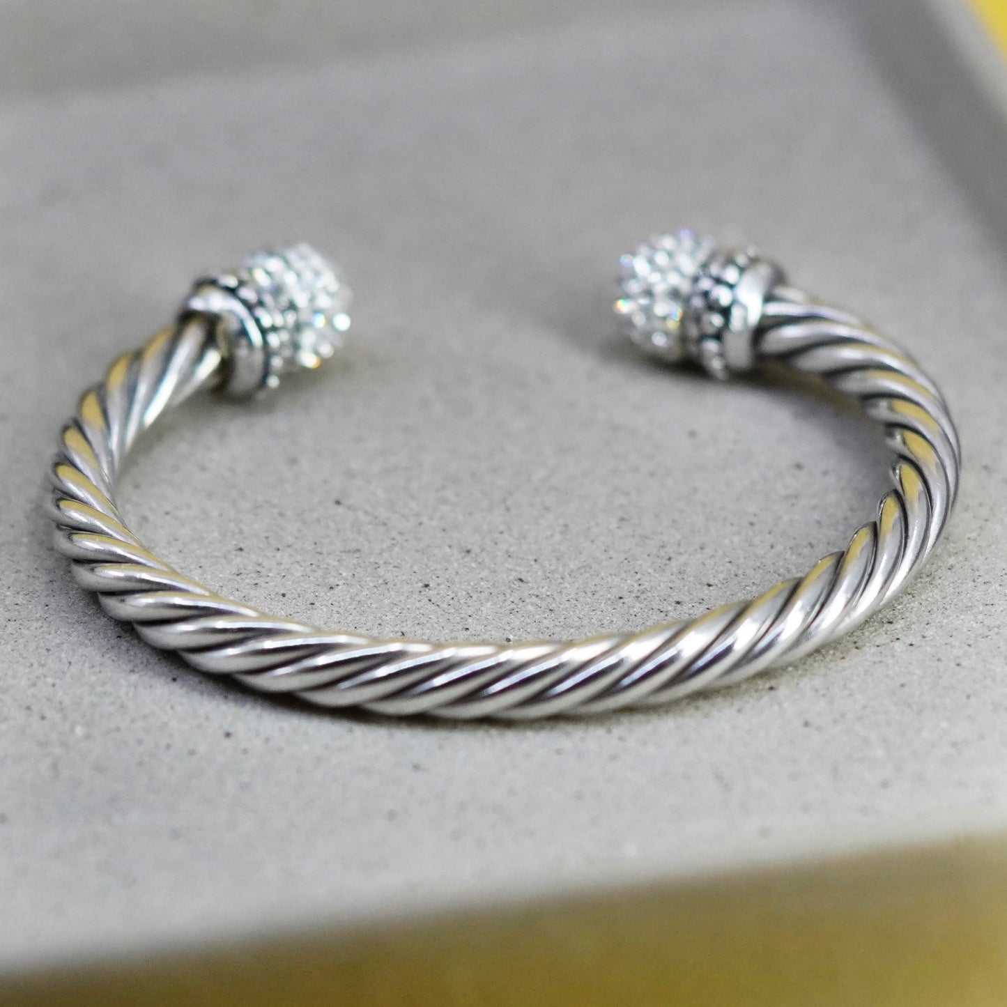6.75”, vintage Sterling silver handmade bracelet, 925 cable cuff w/ cluster cz