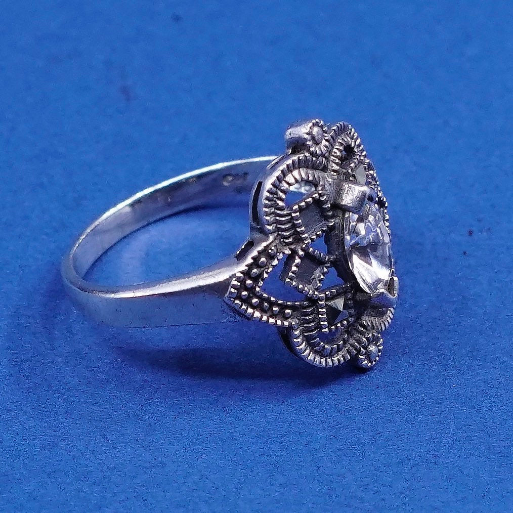 sz 8.25, vtg Sterling silver handmade ring, 925 band w/ marcasite