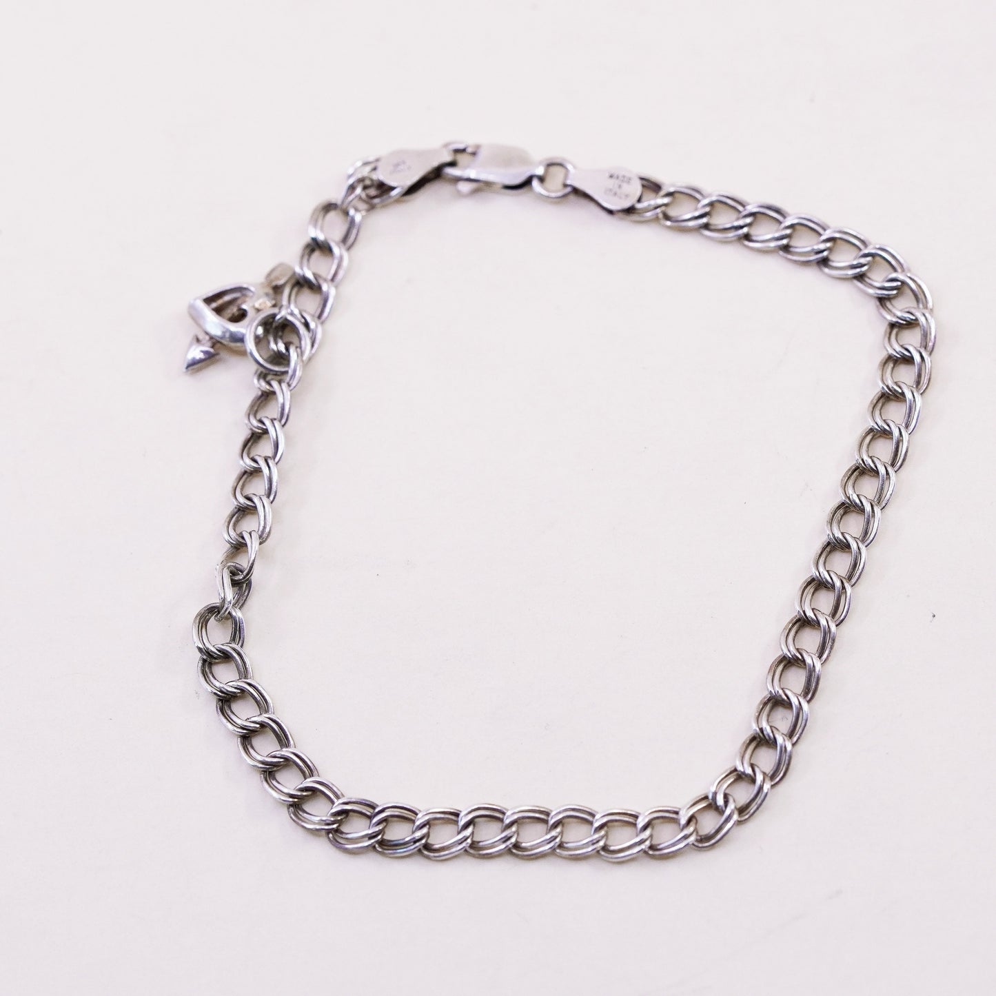 8”, Vintage sterling 925 silver double curb bracelet with arrow heart charm