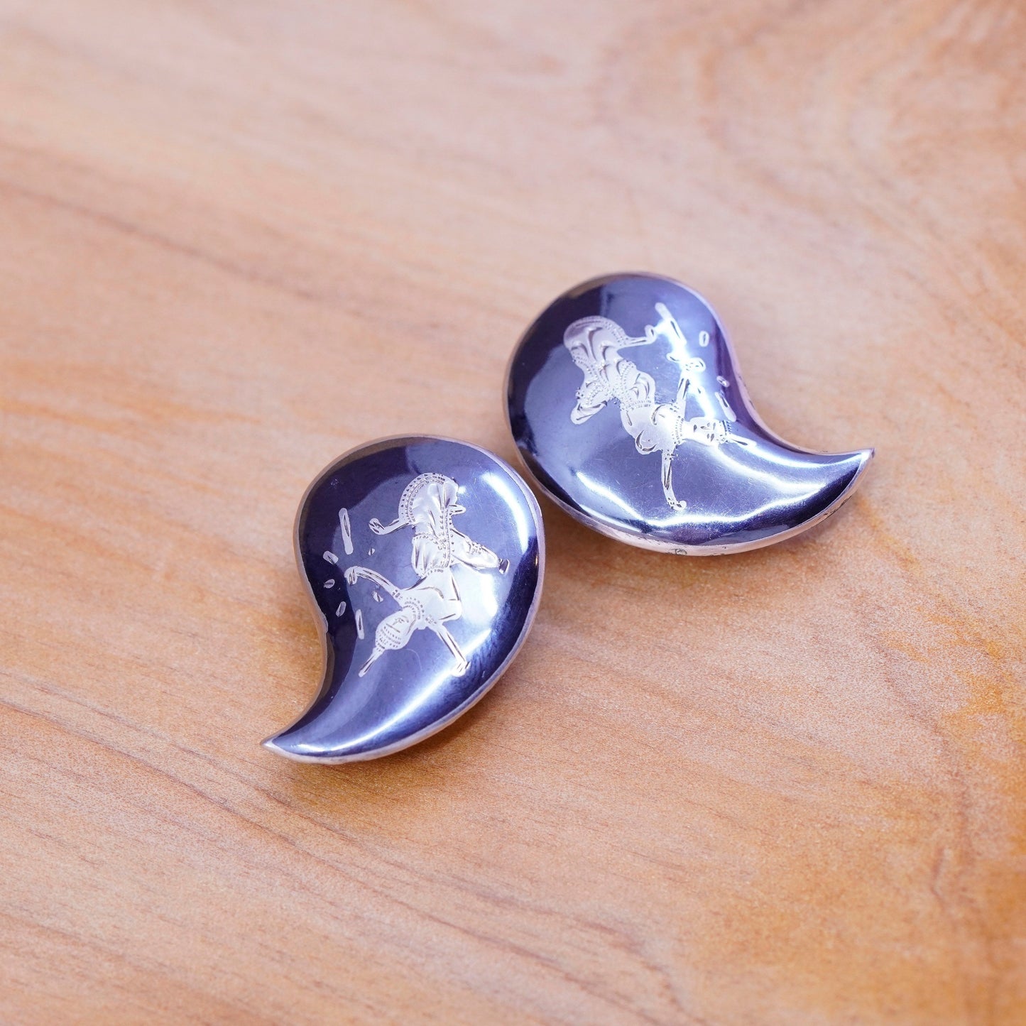 Siam sterling silver clip on earrings, 925 India teardrop earrings, niello