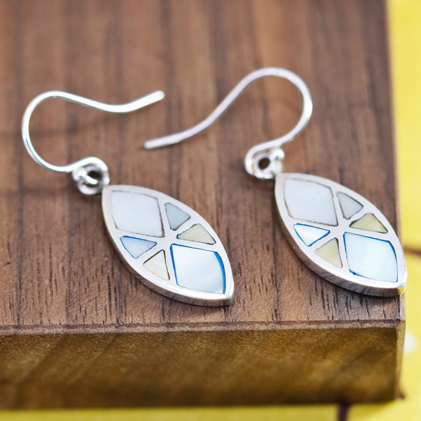Sterling silver handmade earrings, 925 marquise shaped dangles mother of pearl