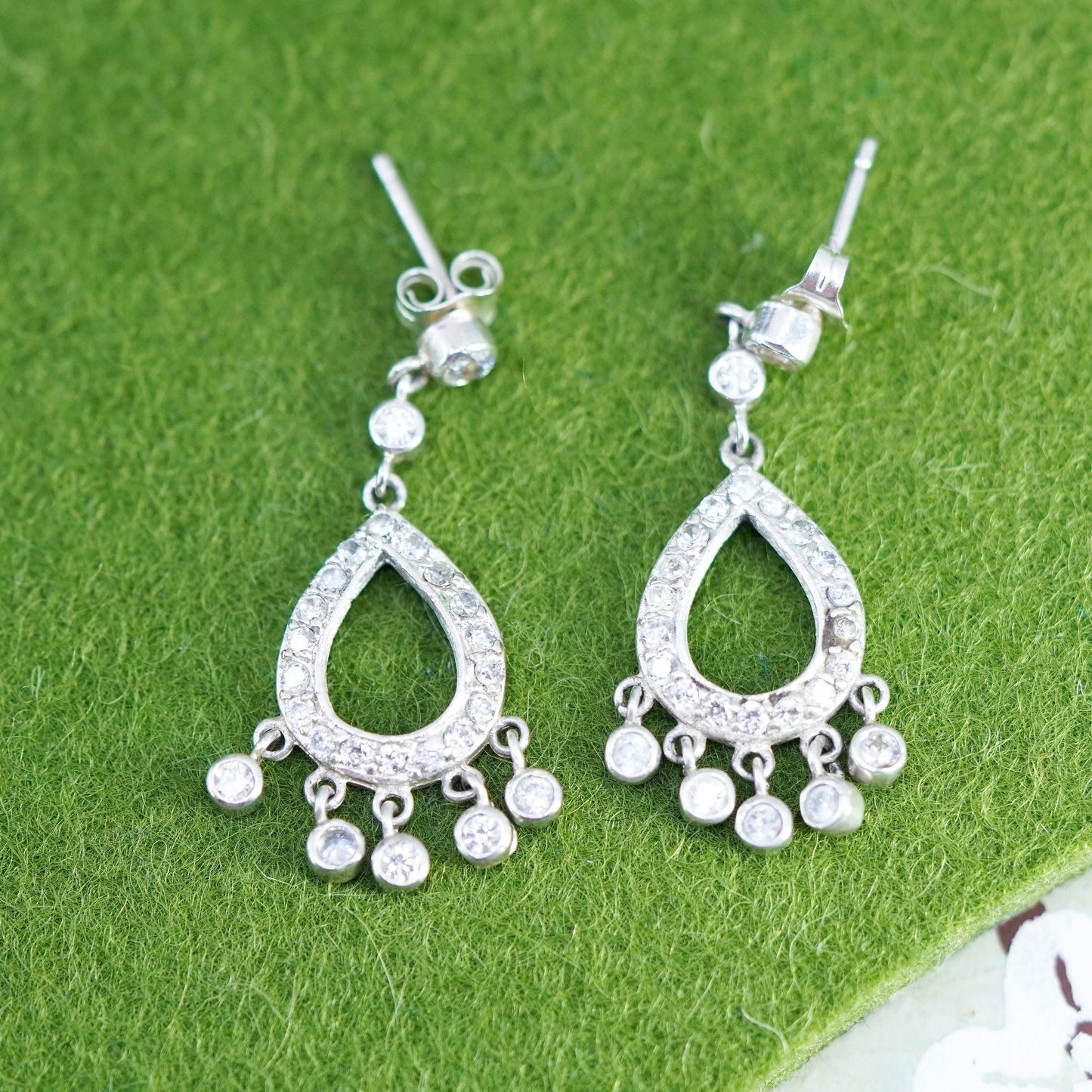 Vintage Sterling silver handmade earrings, 925 teardrop drops with cz around