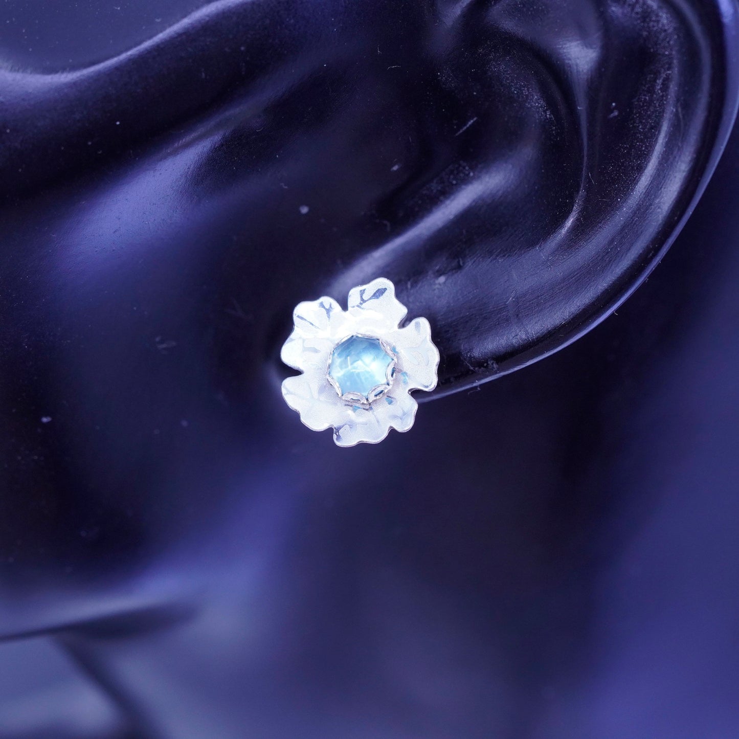 Sterling 925 silver handmade earrings 14K gold posts, flower studs blue Crystal